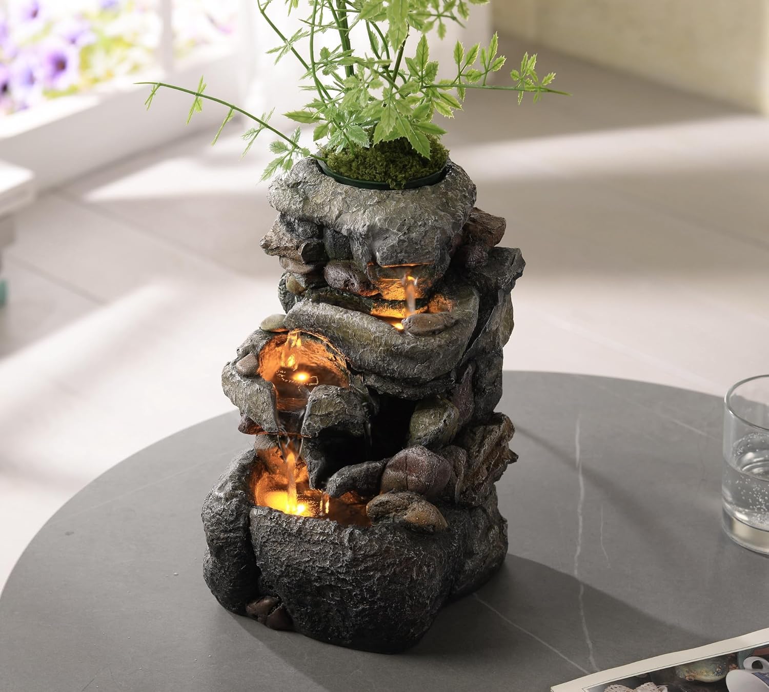 Tolevoit Tabletop Water Fountain with LED Light for Indoor Decor