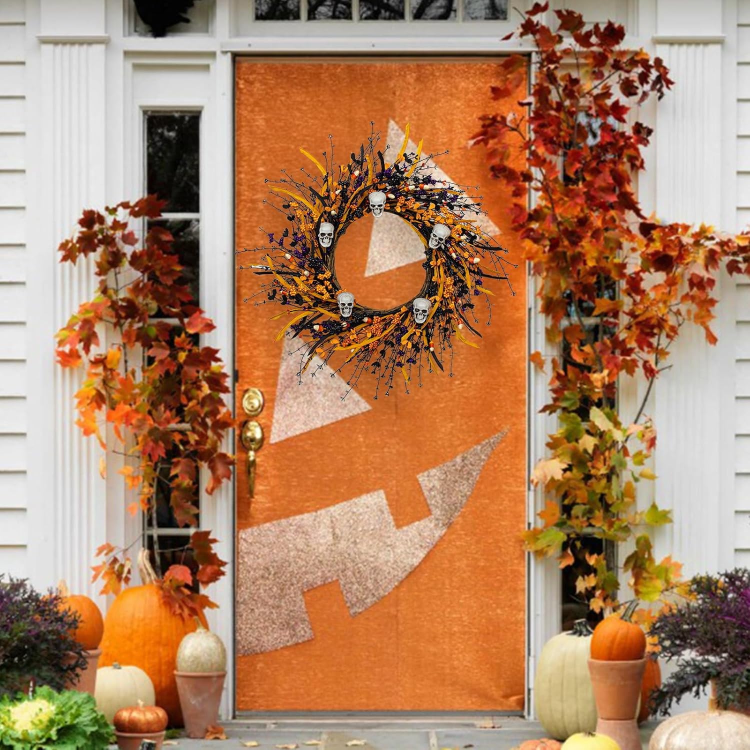 Black Halloween Wreath with Skulls and Candy Berries