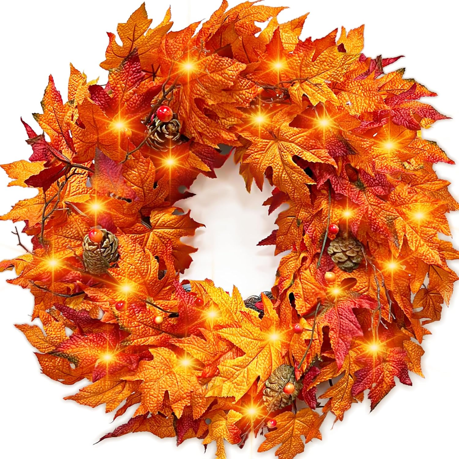 24 Inch Lighted Fall Wreath with Timer for Front Door