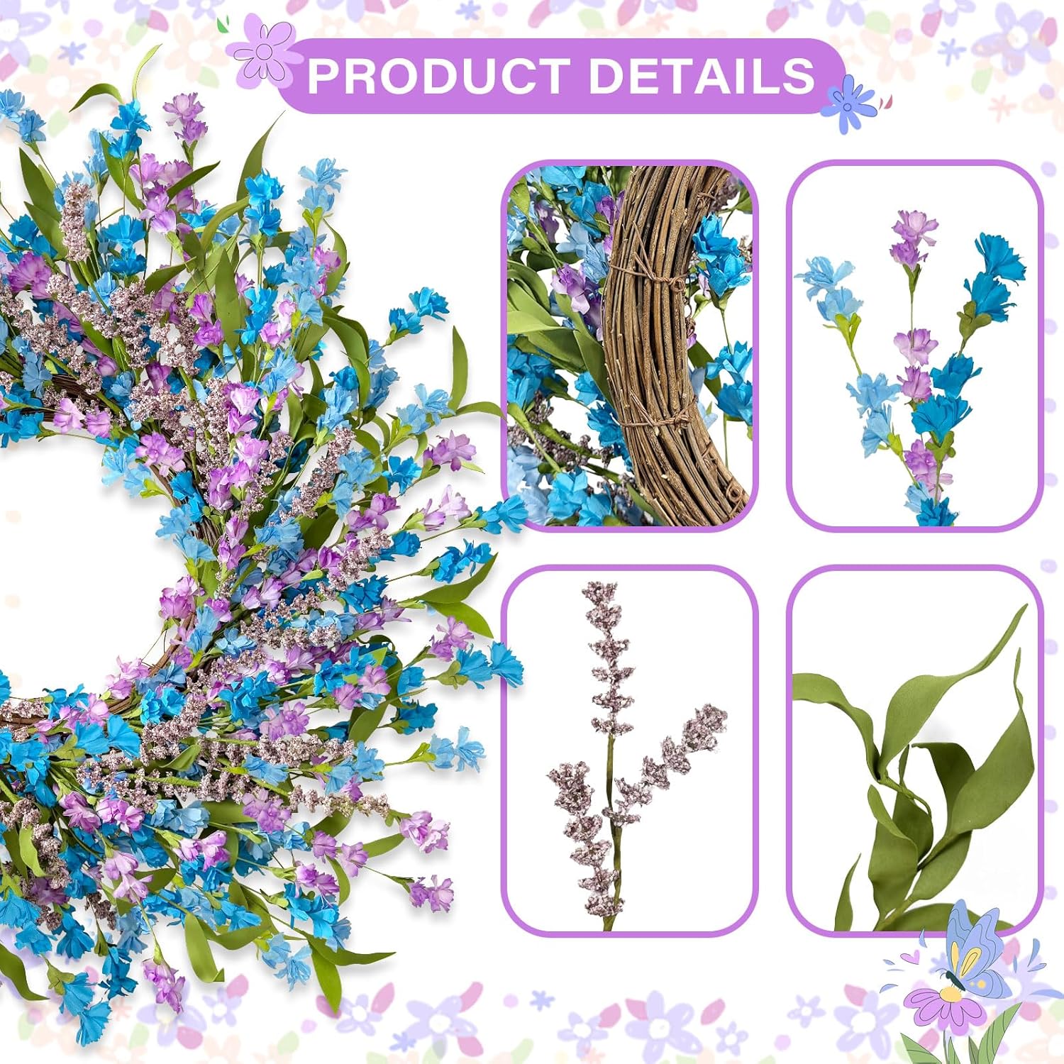 24 Inch Blue Wreath for Front Door and Window Decor