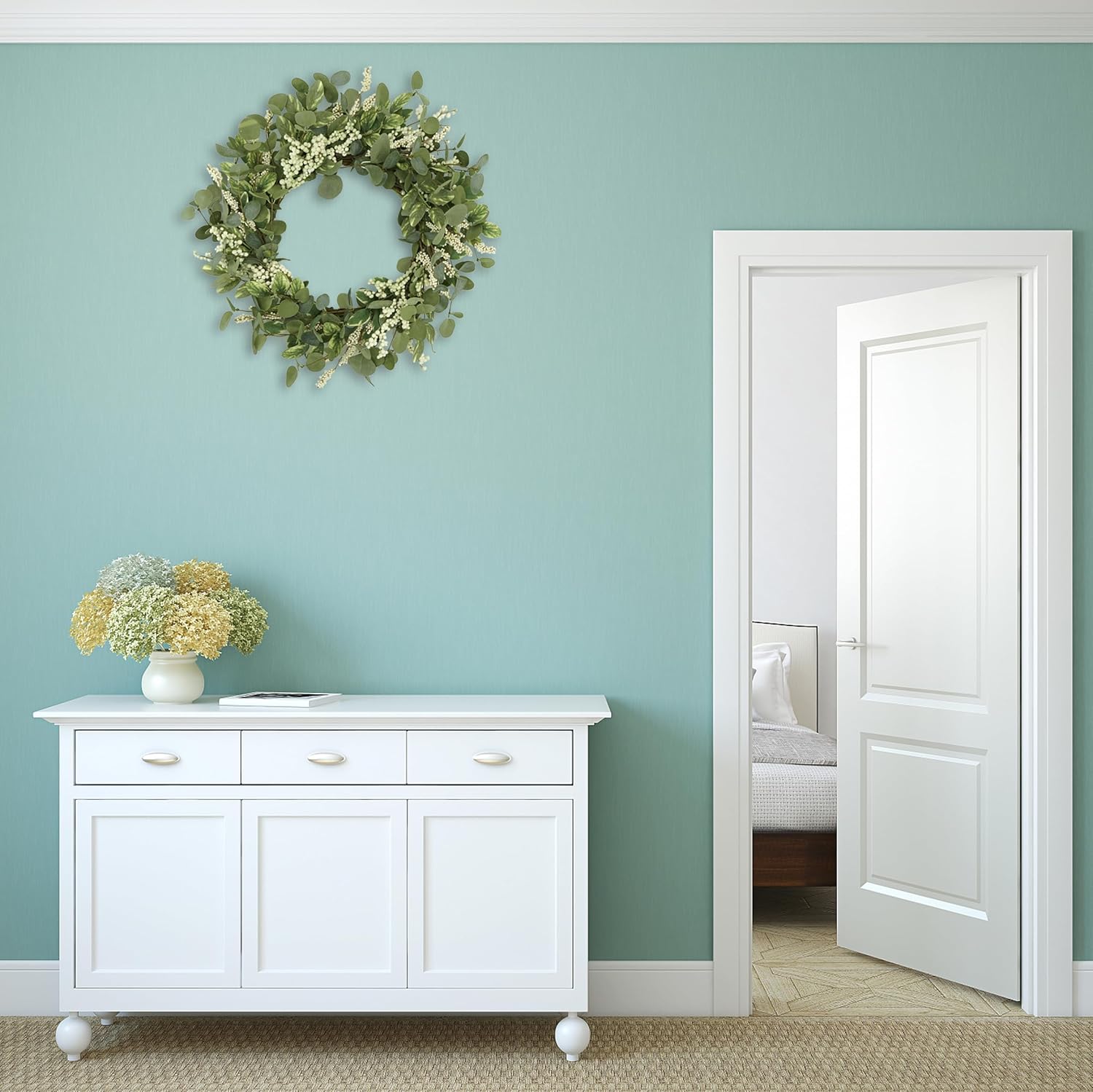 20 Inch Green Eucalyptus Wreath with Berries for Front Door Decor