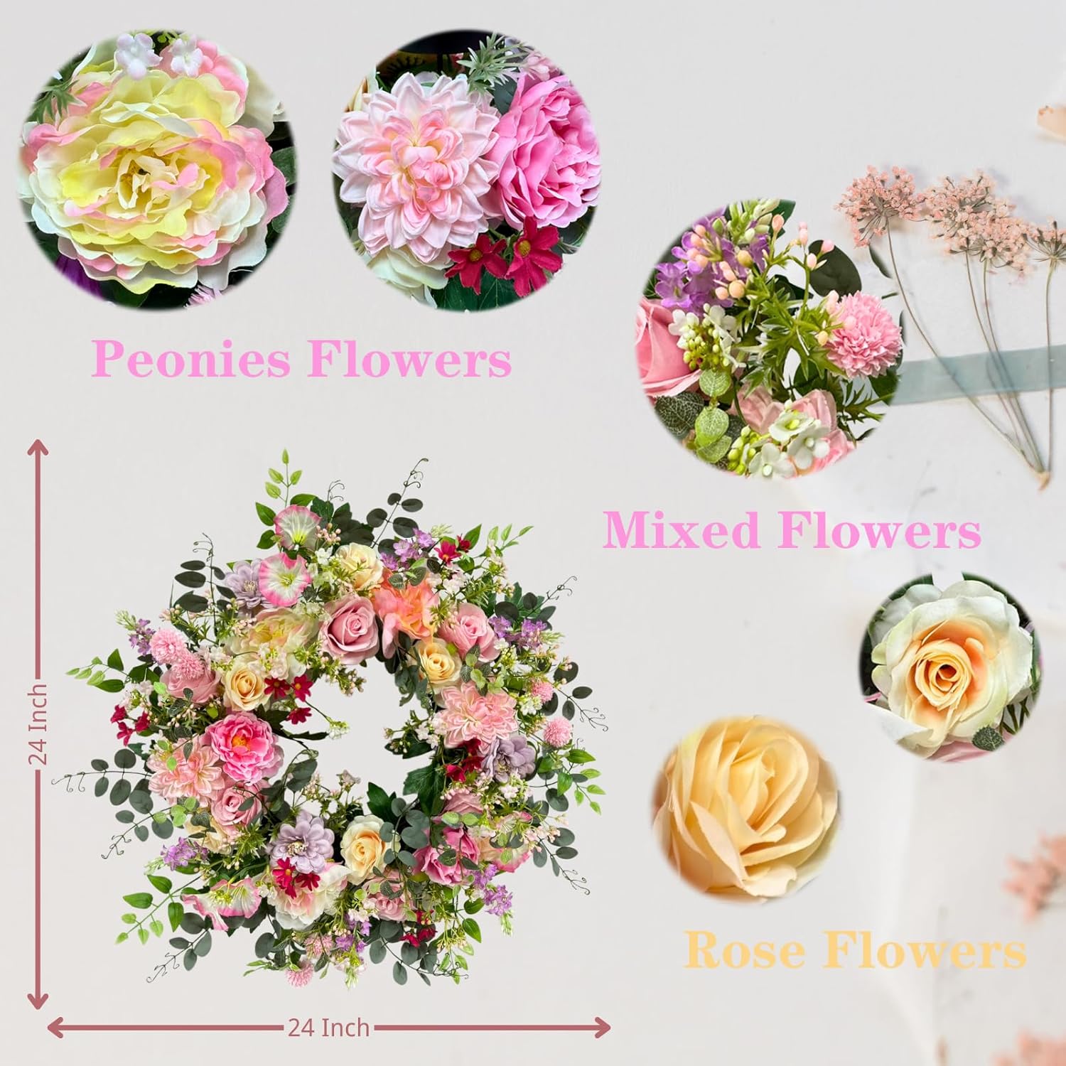 24 Inch Artificial Flower Wreath for Front Door
