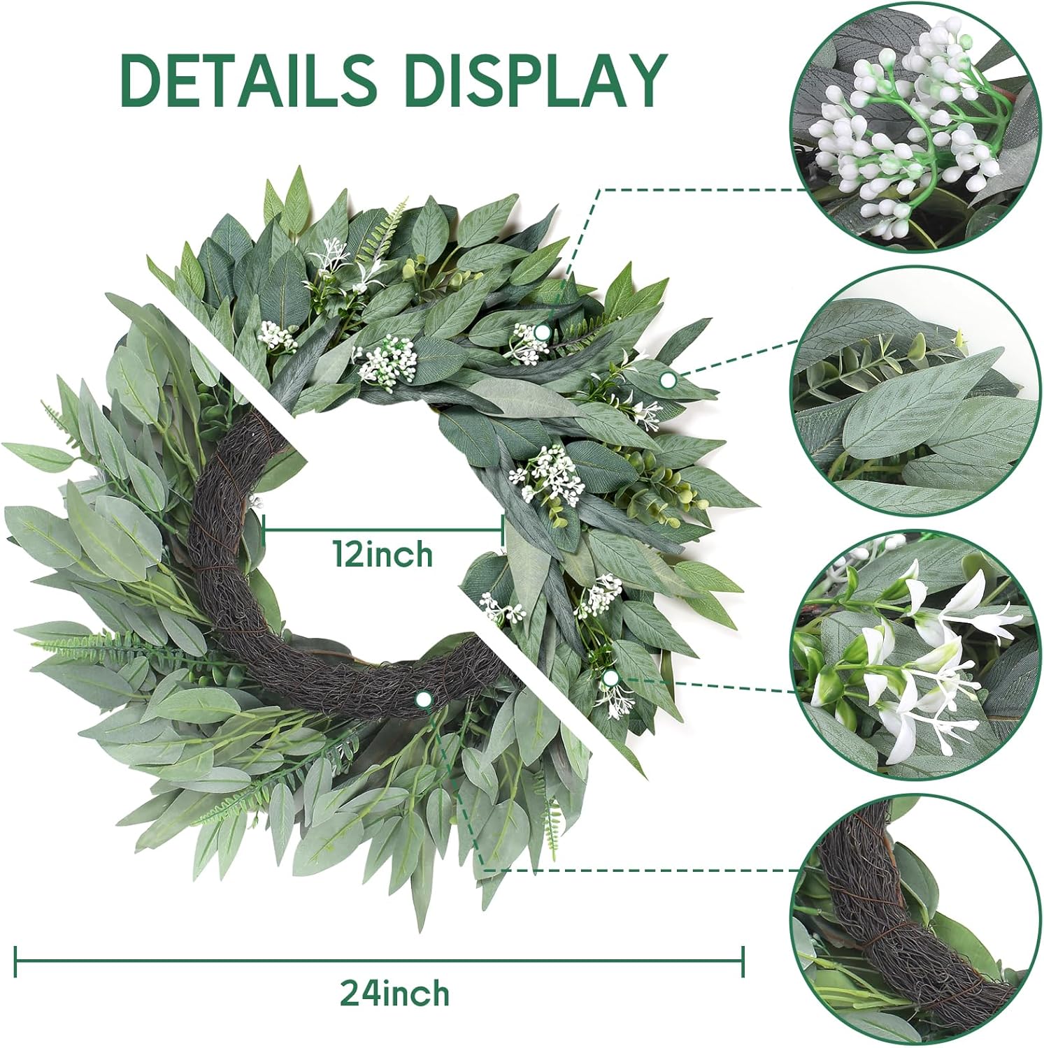 24 Artificial Leaf Wreath with Hook - Decor for Front Door Wall Wedding Party Green