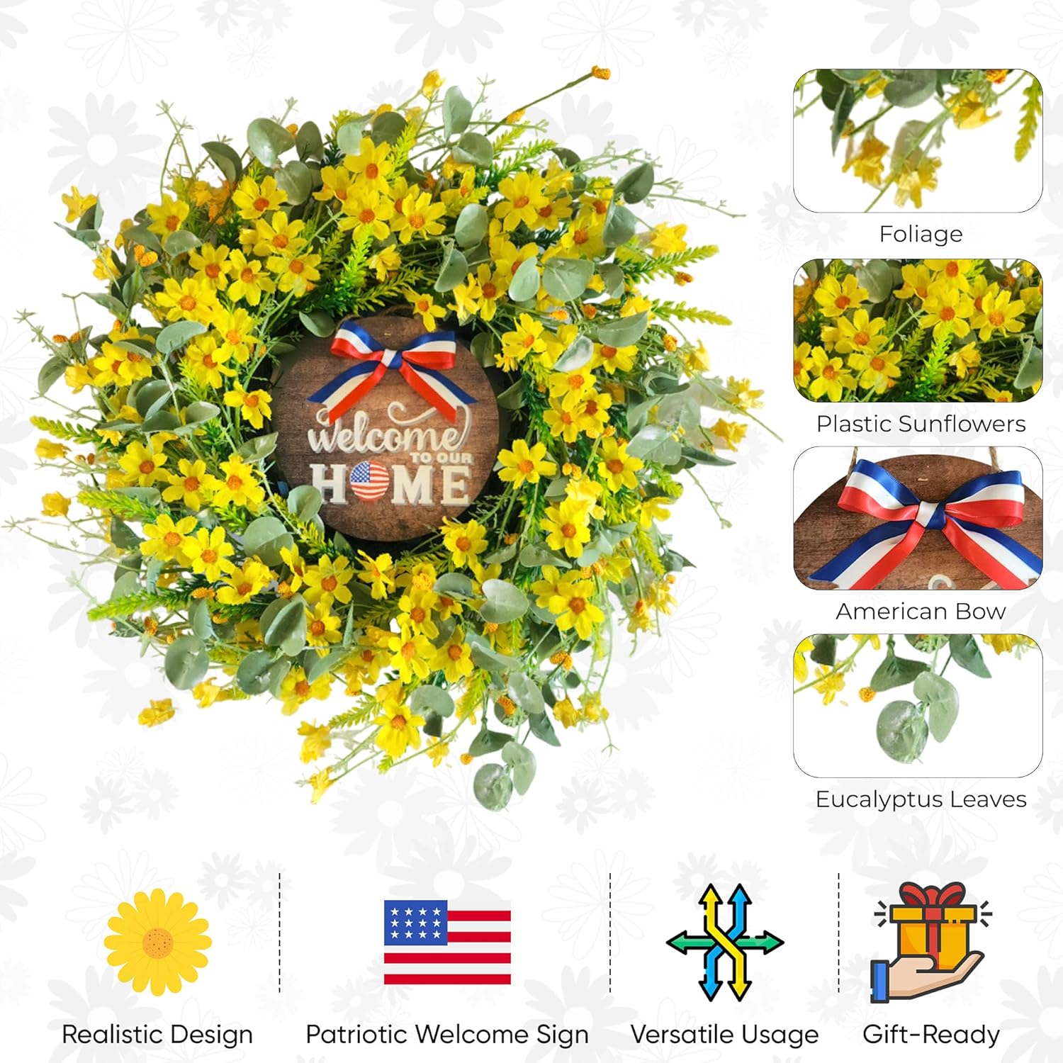 VYG Yellow Daisy Wreath 22 Inch Patriotic Welcome Sign