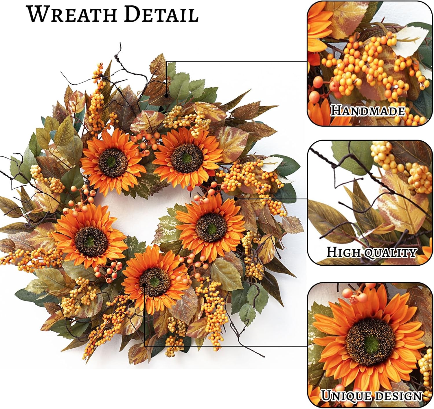 22 Inch Fall Door Wreath with Sunflowers and Leaves
