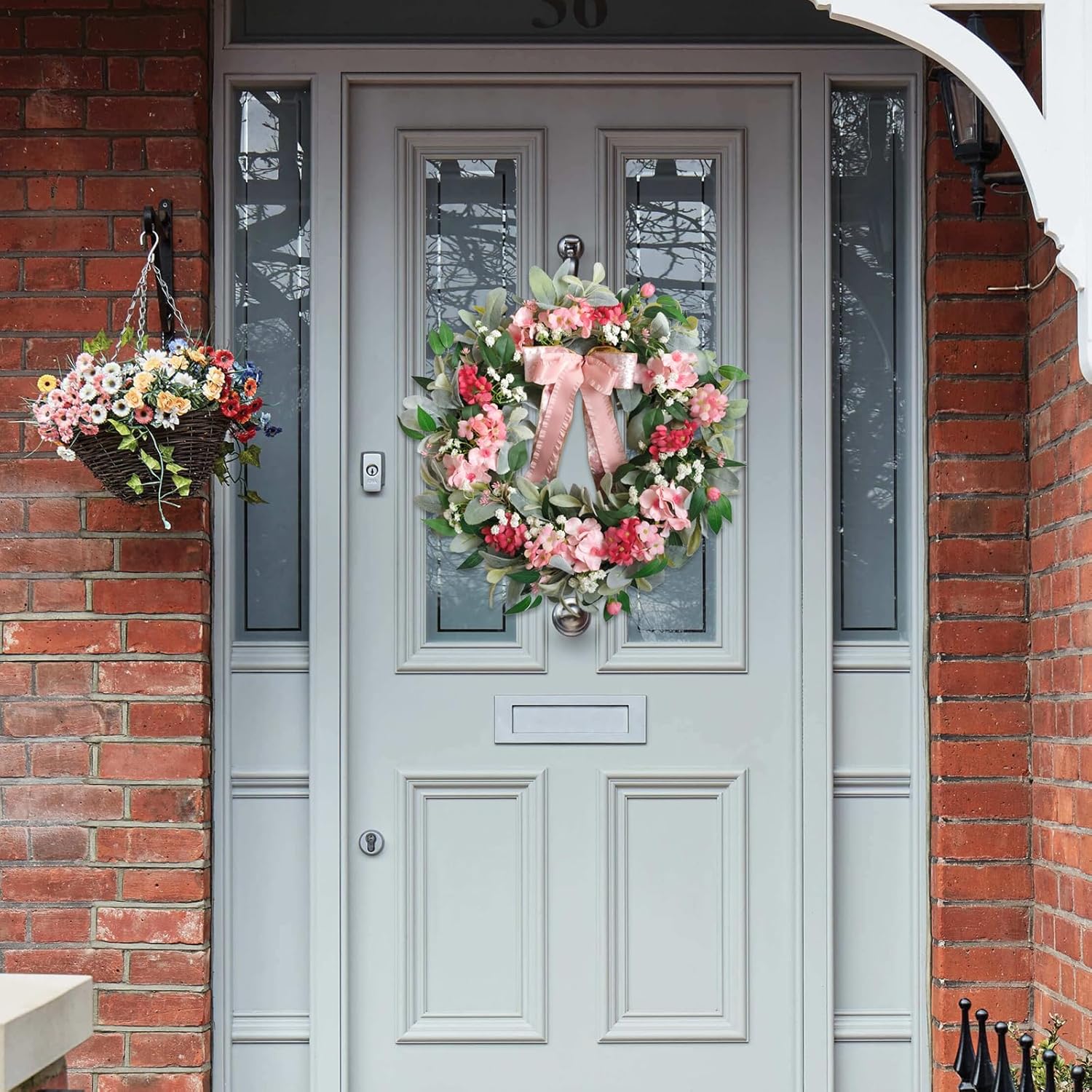 22 Inch Summer Wreath with Hydrangea and Lambs Leaves for Front Door Decor