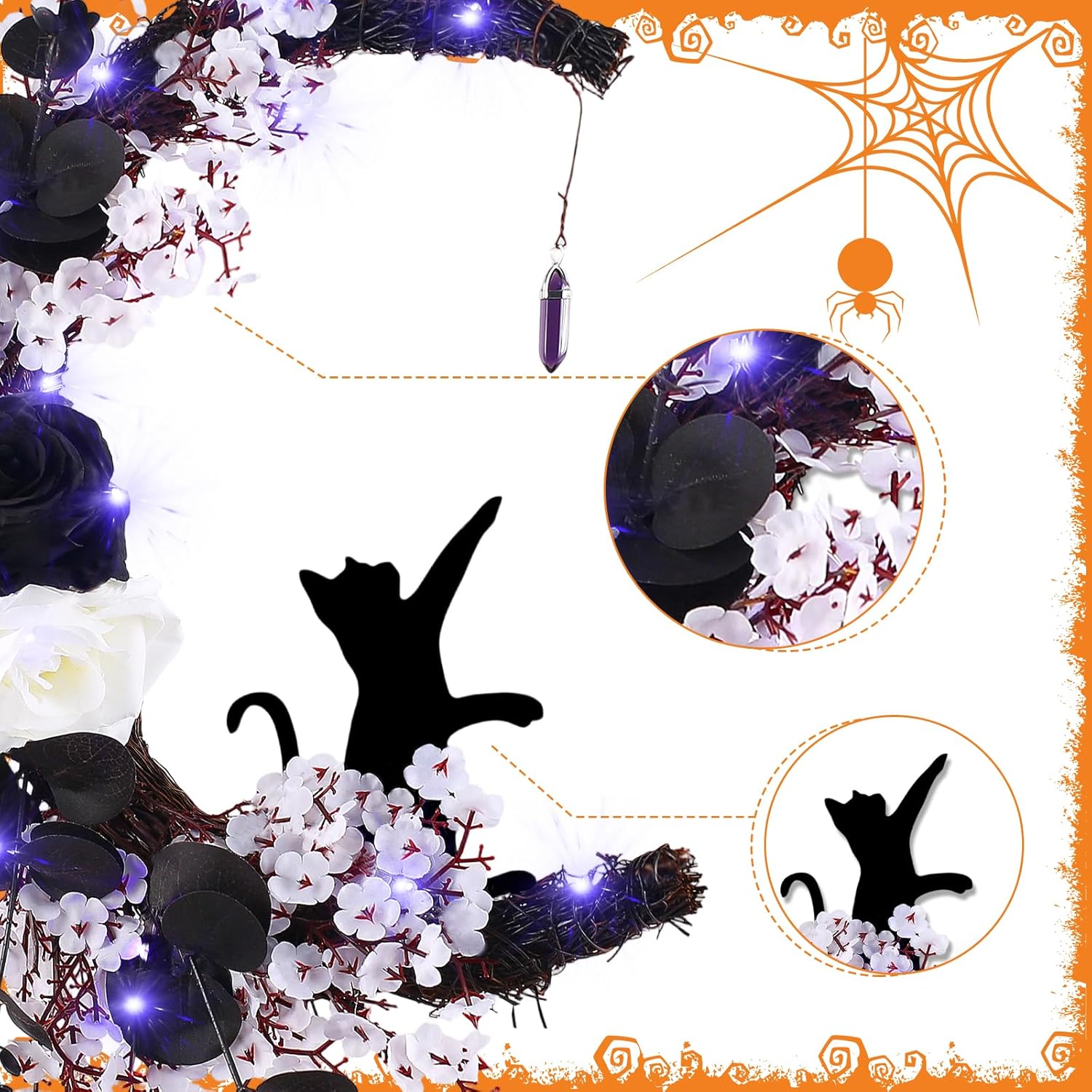 MyCoats 2025 Halloween Door Wreath with Black Cat Moon Light