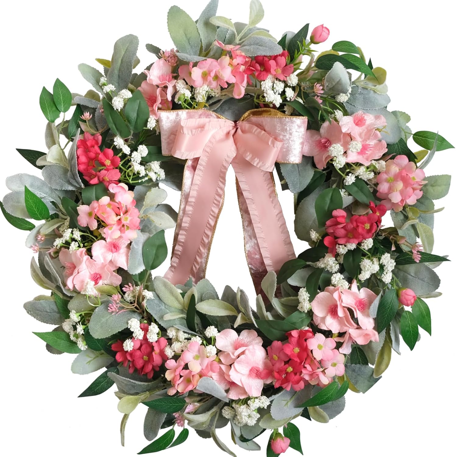 22 Inch Summer Wreath with Hydrangea and Lambs Leaves for Front Door Decor
