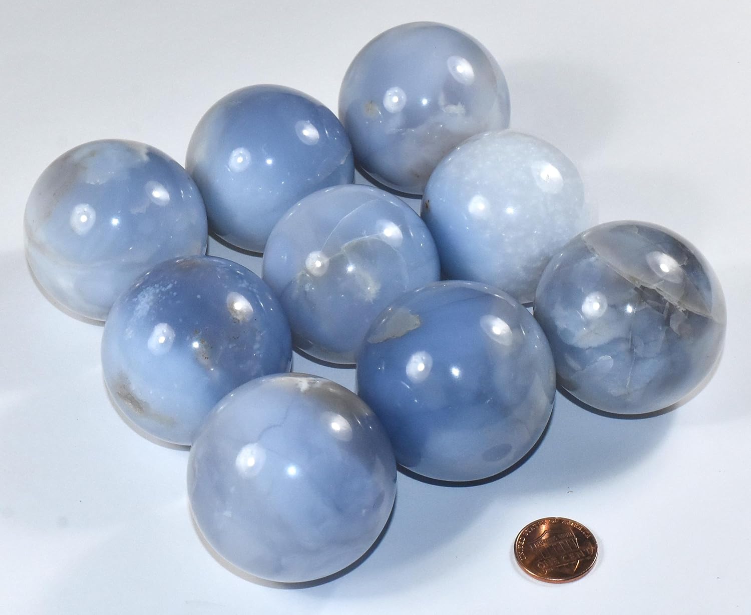Pair 45mm Blue Chalcedony Carved Spheres with Stand