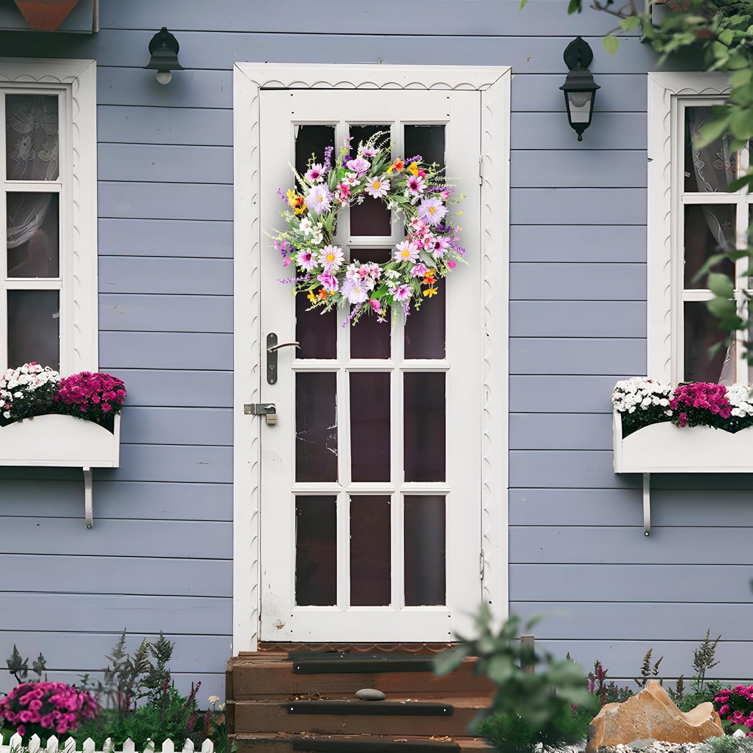 20 Inch Purple Wildflower Summer Wreath for Front Door