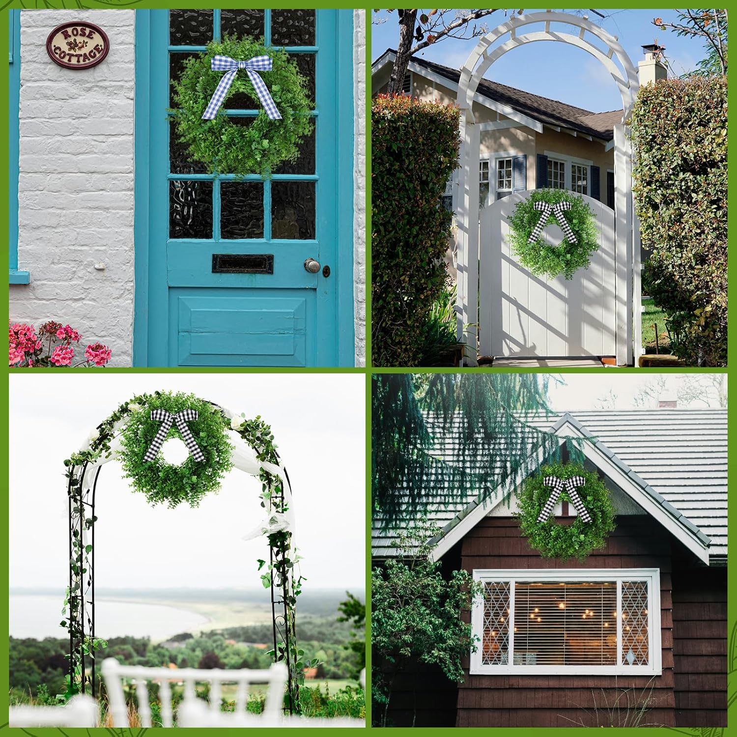 Artificial Boxwood Wreath with 3 Plaid Bows for Front Door