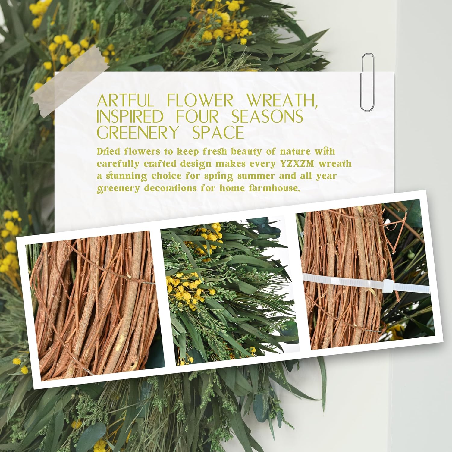 24 Inch Dried Flower Wreath with Yellow Babys Breath and Eucalyptus for Front Door