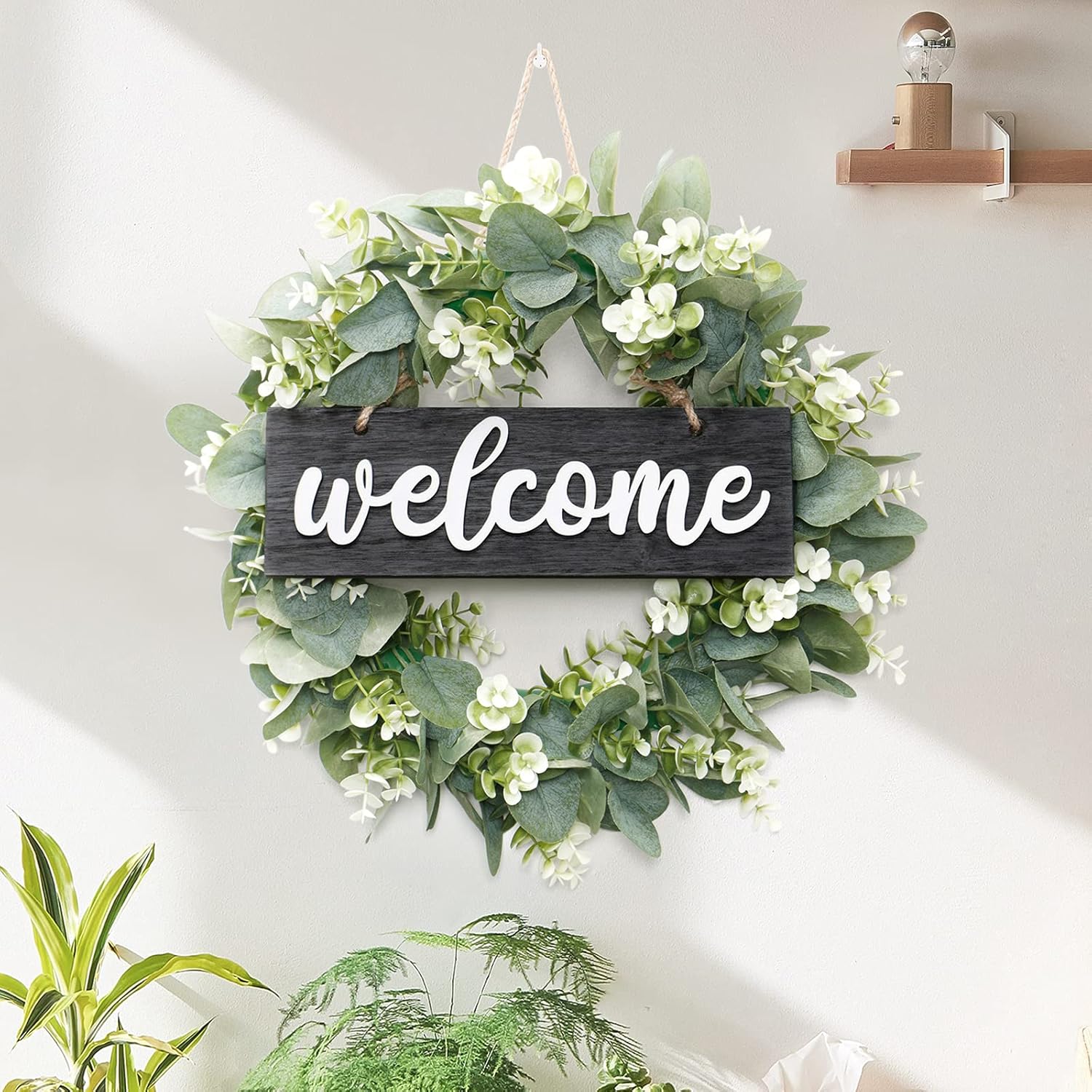 Dremisland 16 Inch Artificial Eucalyptus Wreath with Welcome Sign