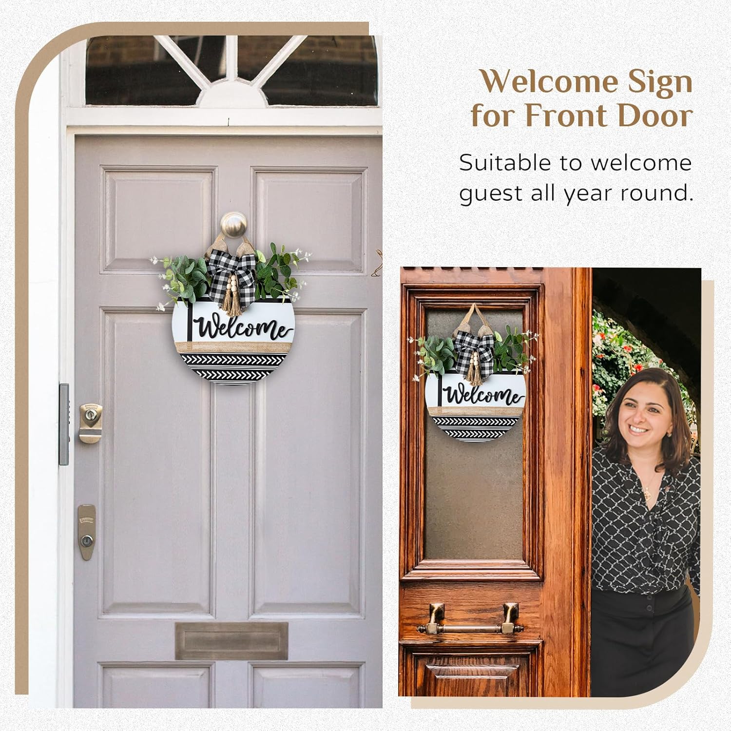 Welcome Sign for Front Door Decor - Walasis 12inch Wooden Farmhouse Wreath with Bow Beads