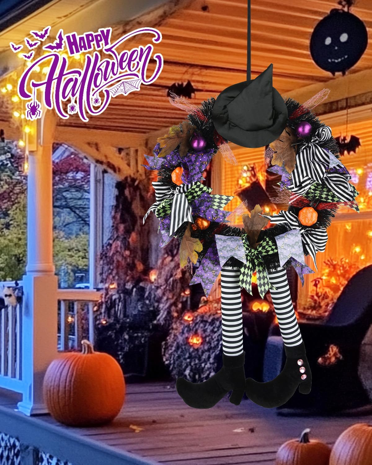 Halloween Witch Wreath Front Door Decor Black Wreath with Hat and Legs