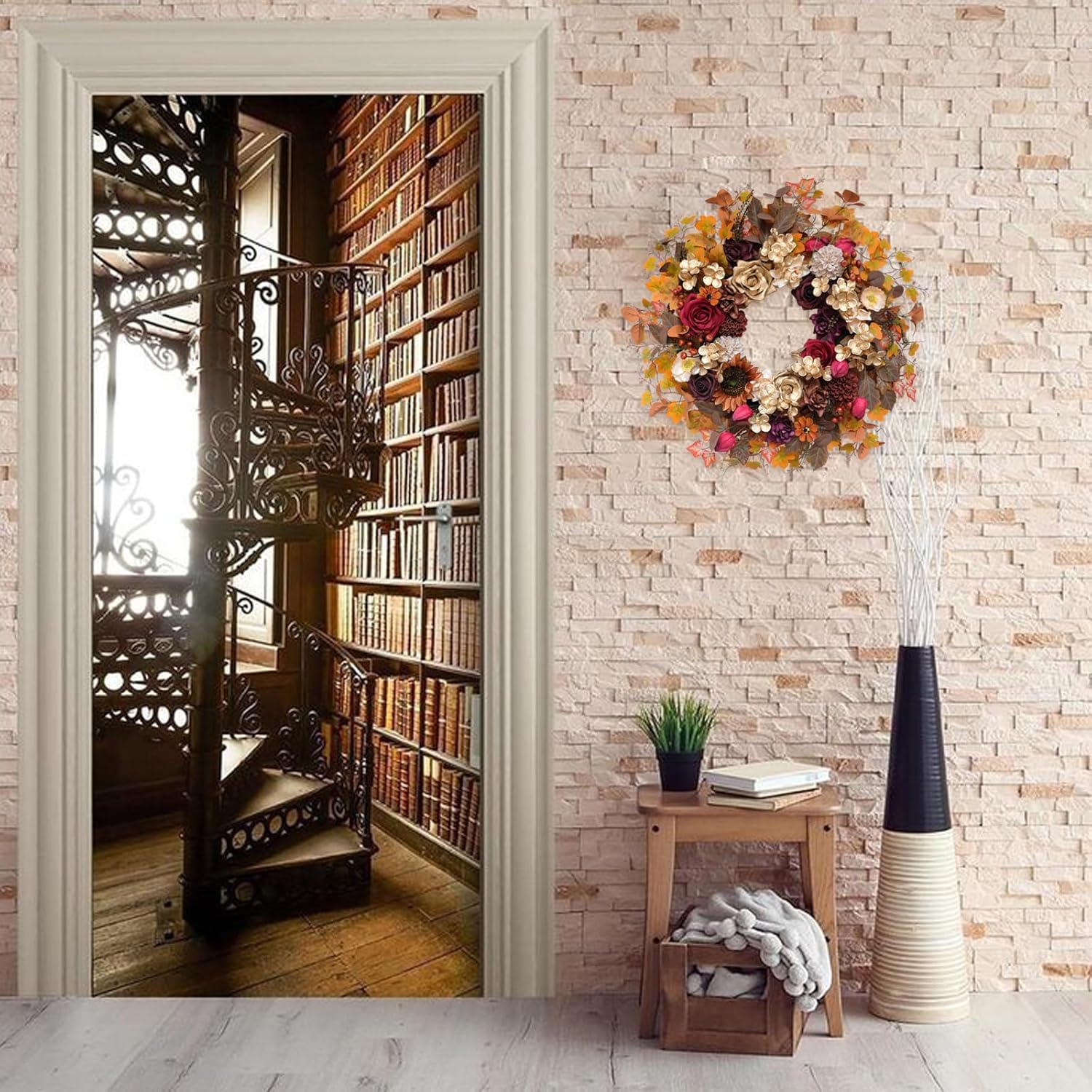 TEMPUS 24 Inch Artificial Fall Wreath - Red Gold Rose Floral Decor for Front Door Thanksgiving Harvest Wall Hanging