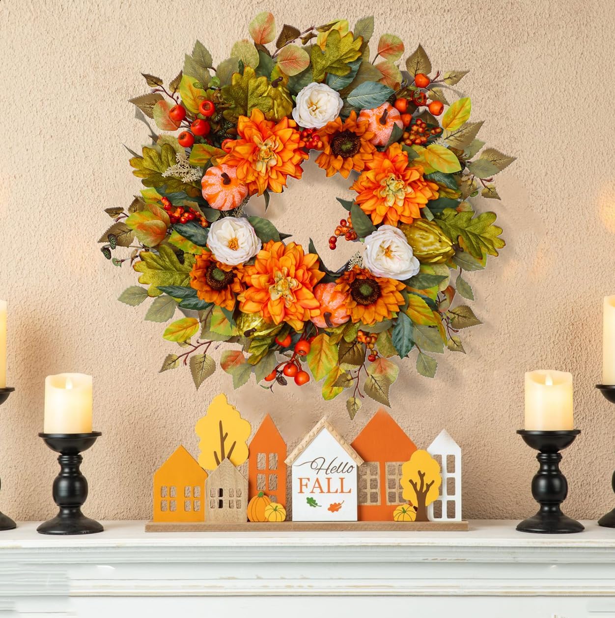 24 Inch Fall Wreath with Pumpkins and Berries