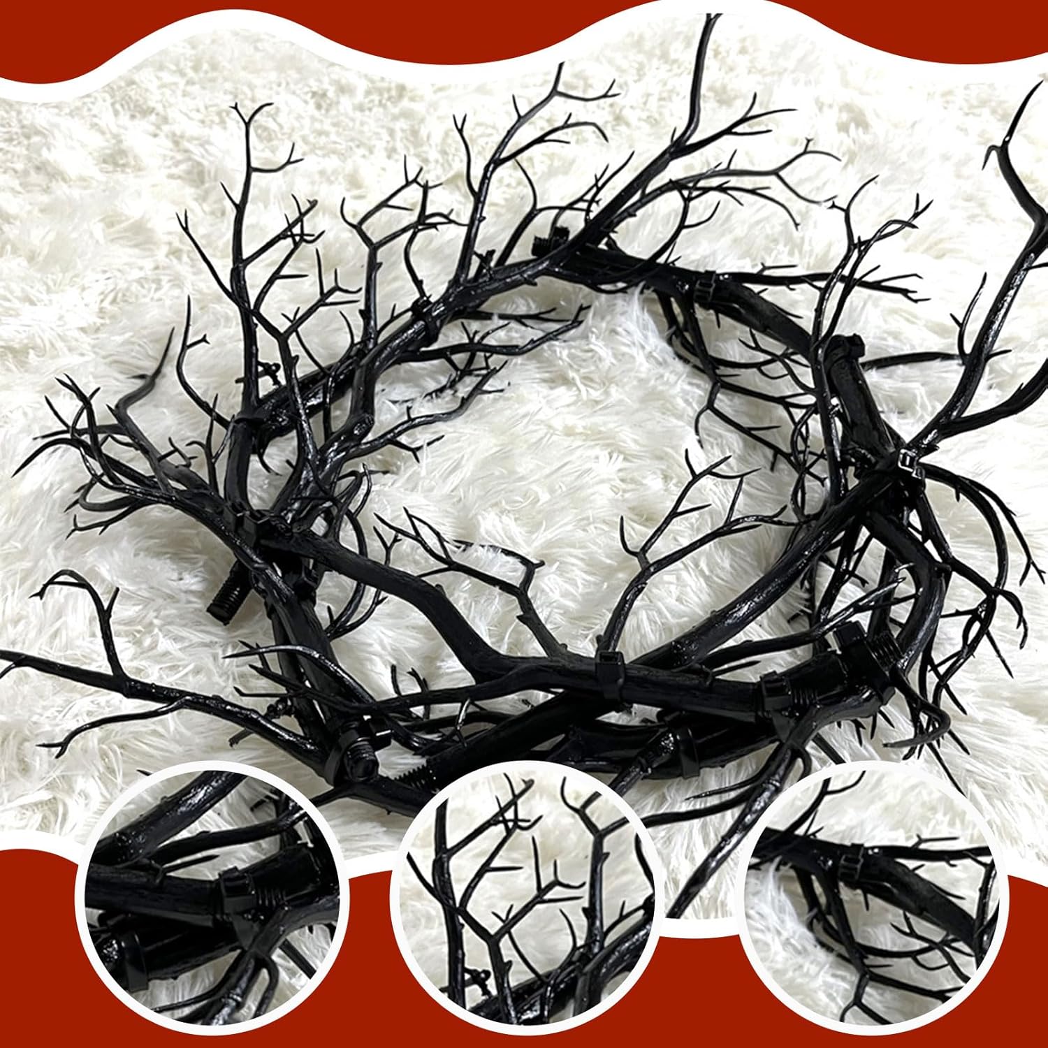 Glitter Black Branch Halloween Wreath with Red Lights