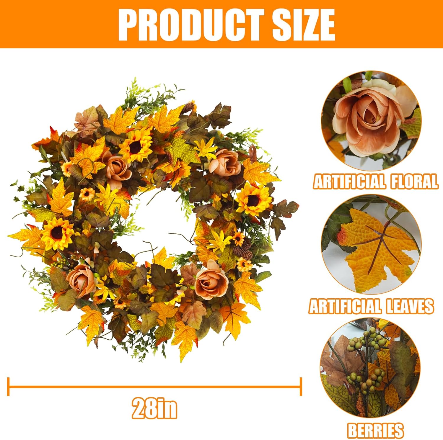 28 Inch Fall Wreath with Berries and Sunflowers
