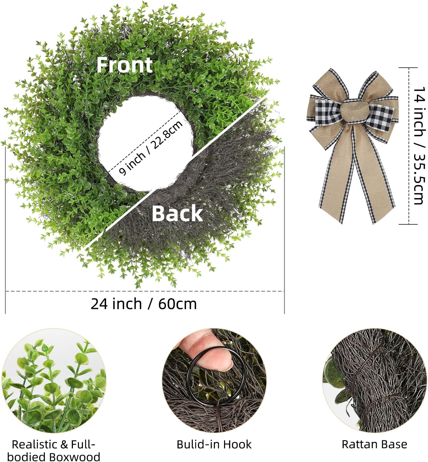 CYANBLOOM Boxwood Wreath for Front Door 24 Inch