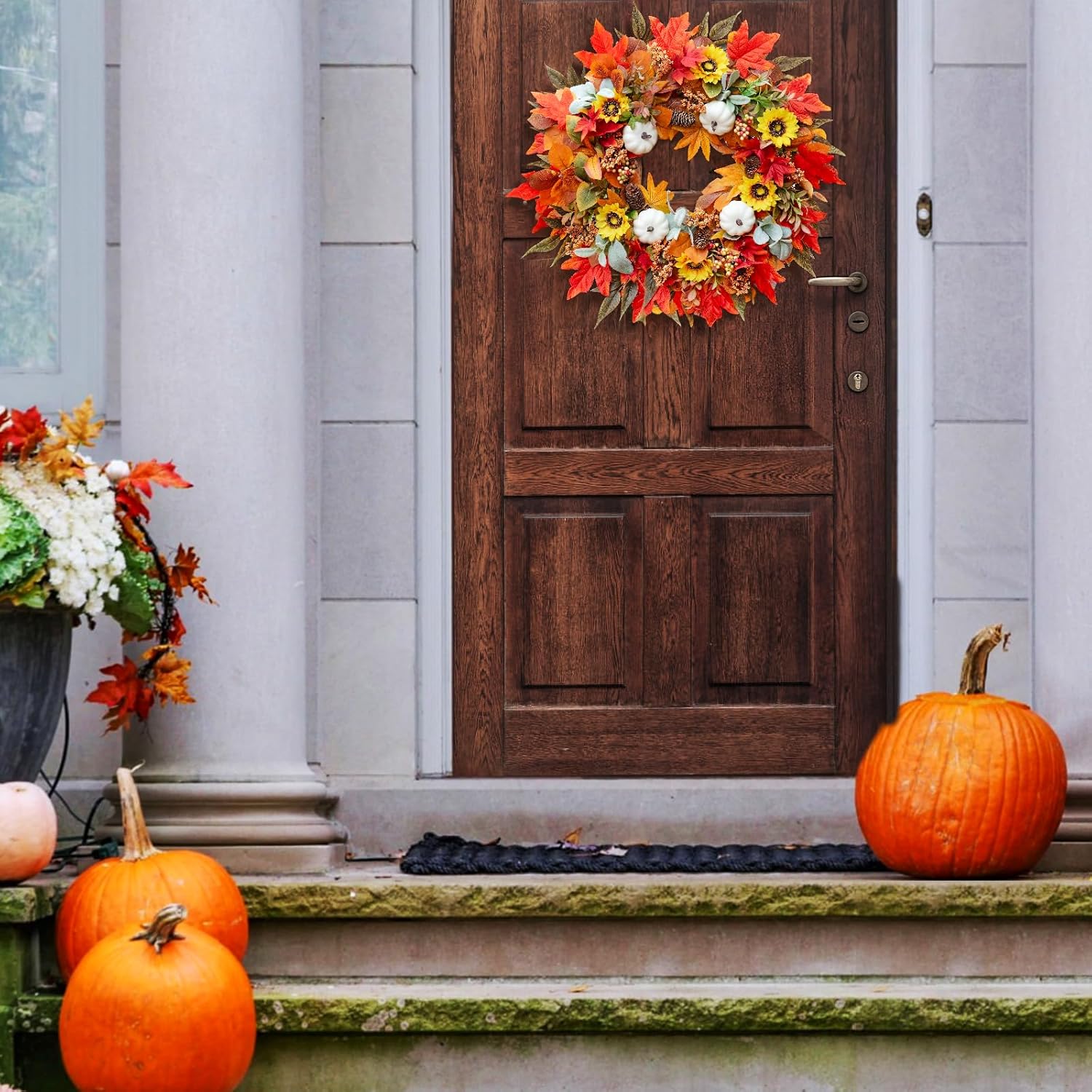 Fall Wreaths for Front Door 24 Inch Autumn Decor with Pumpkins Maple Leaves Wildflowers Berries