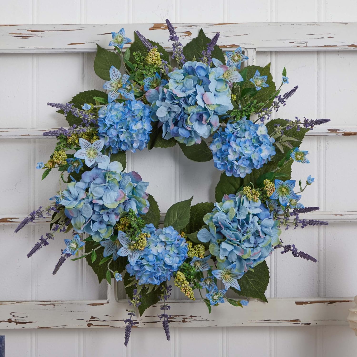 Nearly Natural 24 Inch Hydrangea Wreath Blue
