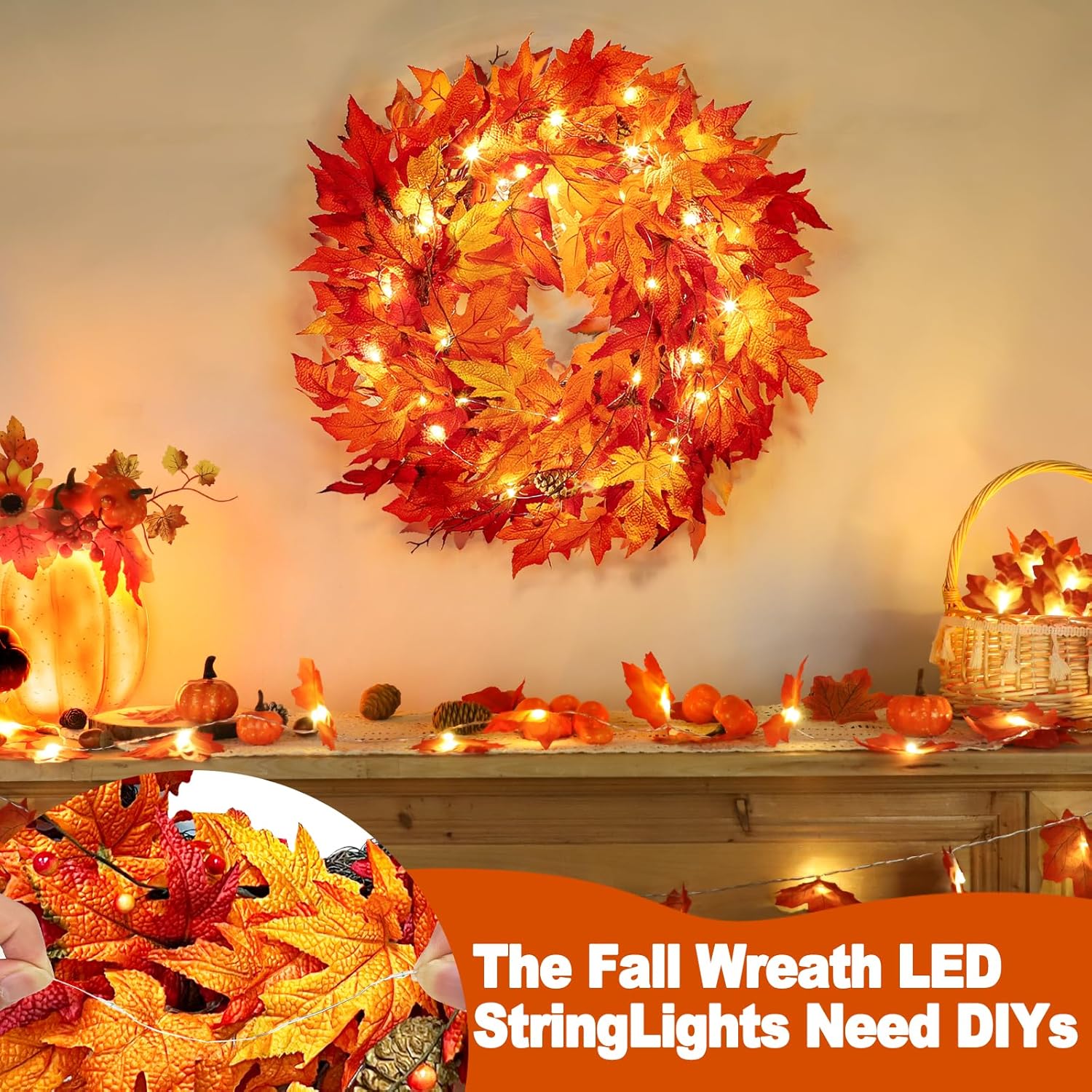 24 Inch Lighted Fall Wreath with Timer for Front Door