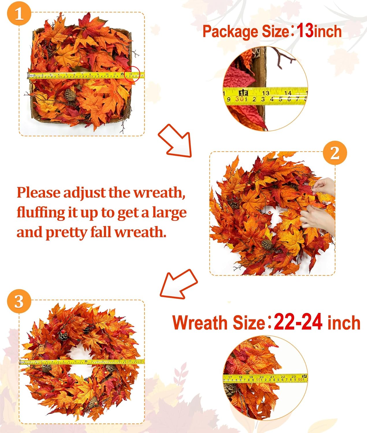24 Inch Lighted Fall Wreath with Timer for Front Door