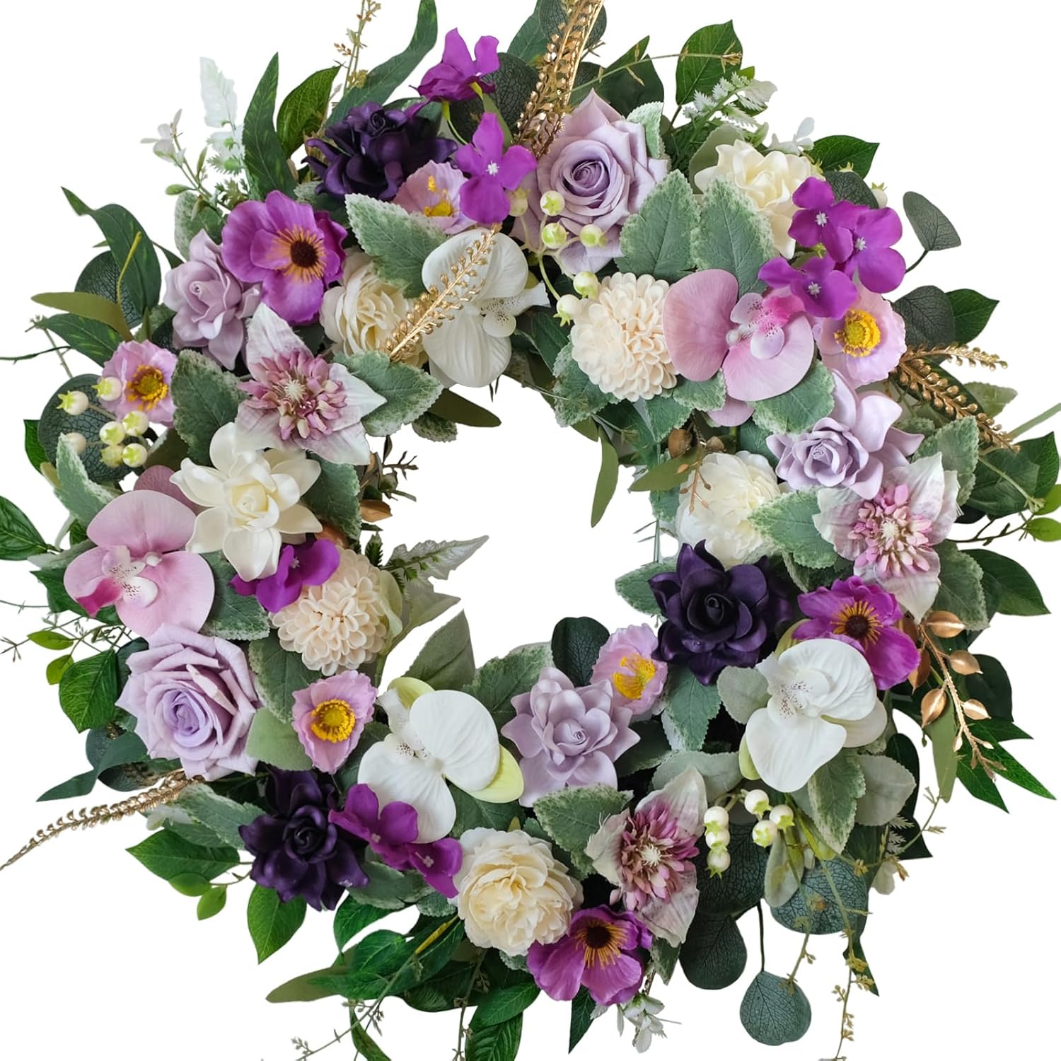 22 Inch Artificial White Purple Flower Wreath