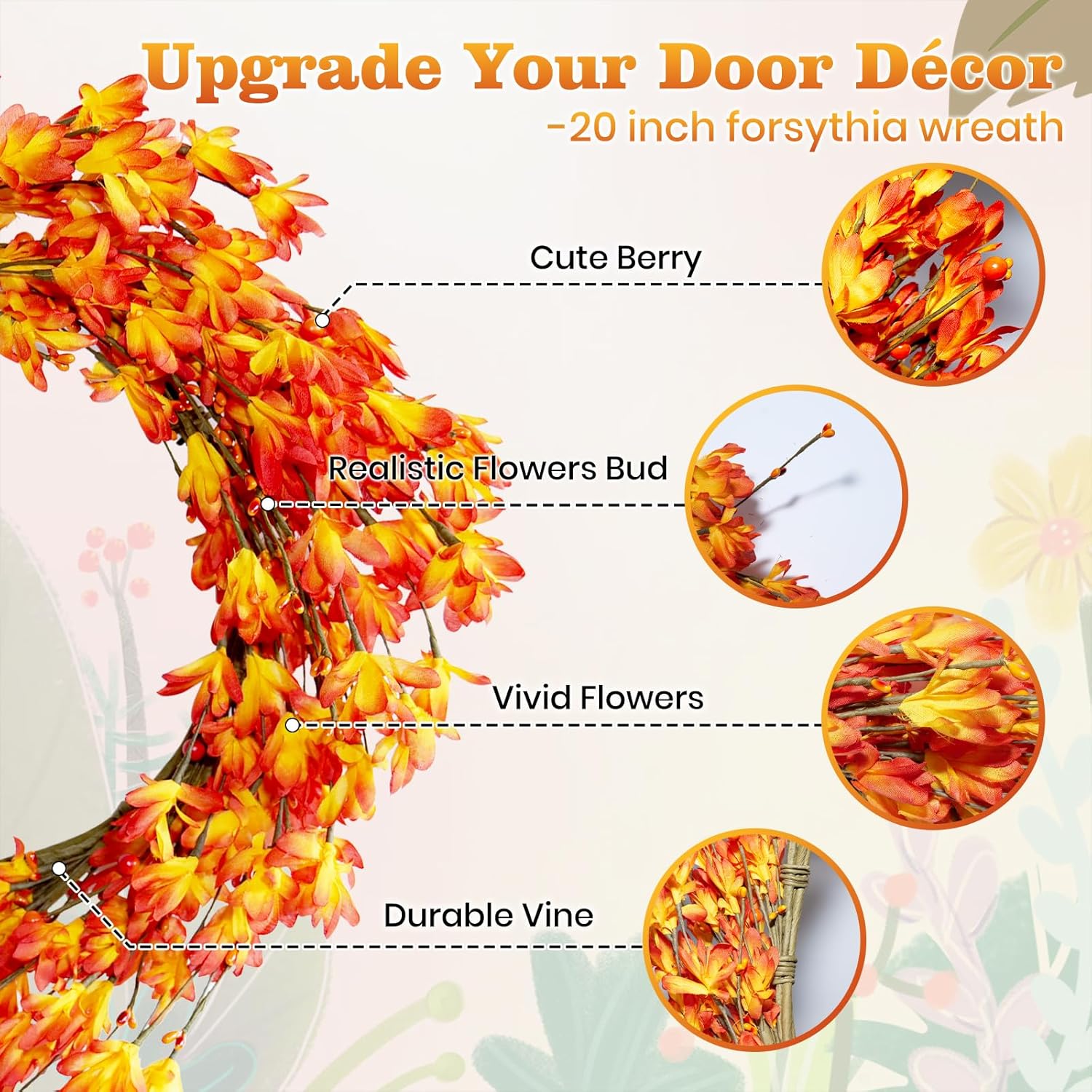 20 Inch Artificial Forsythia Flower Wreath for Front Door Farmhouse Decor