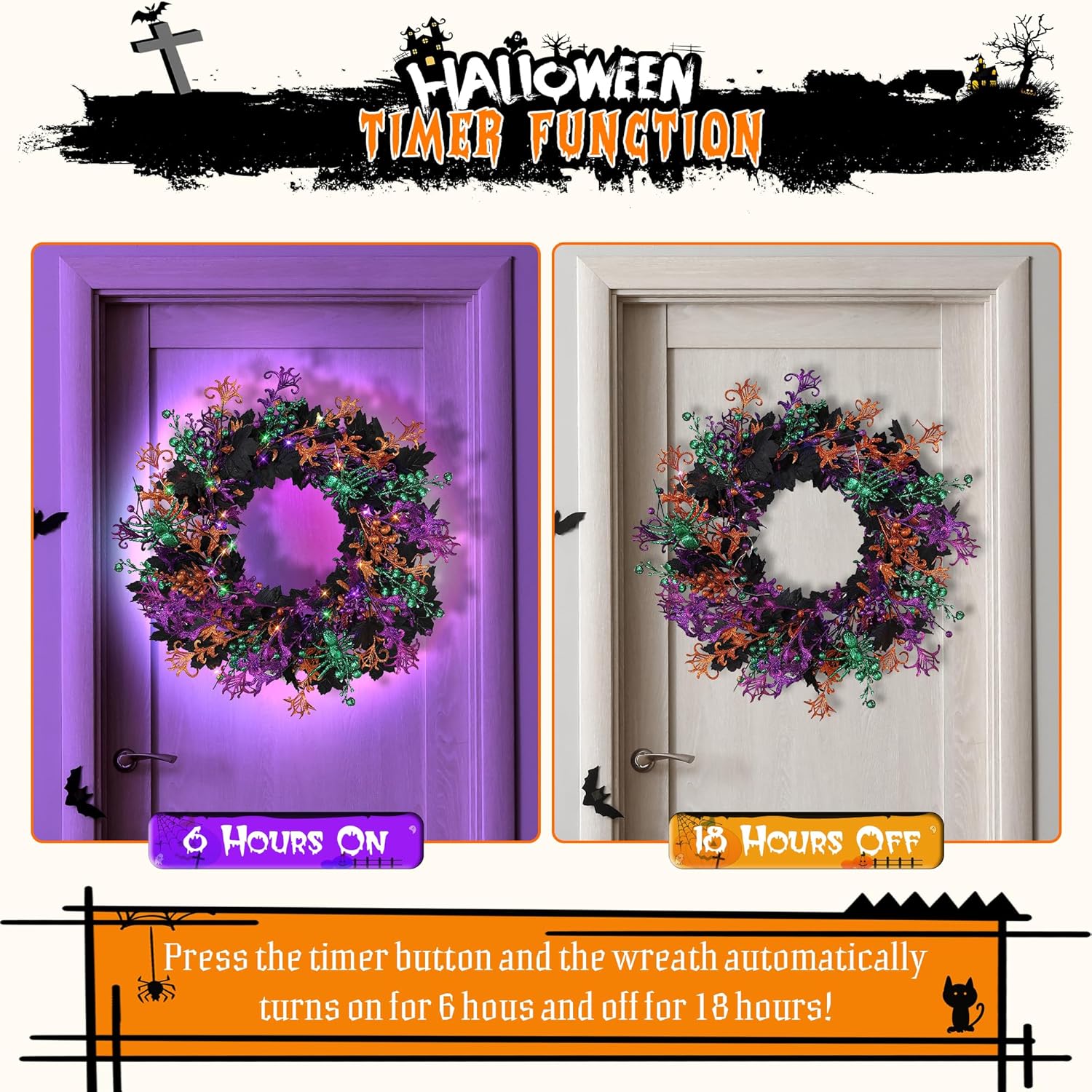 Enhon 40 LED Halloween Wreath 16 Inch Glitter Maple Leaf Style
