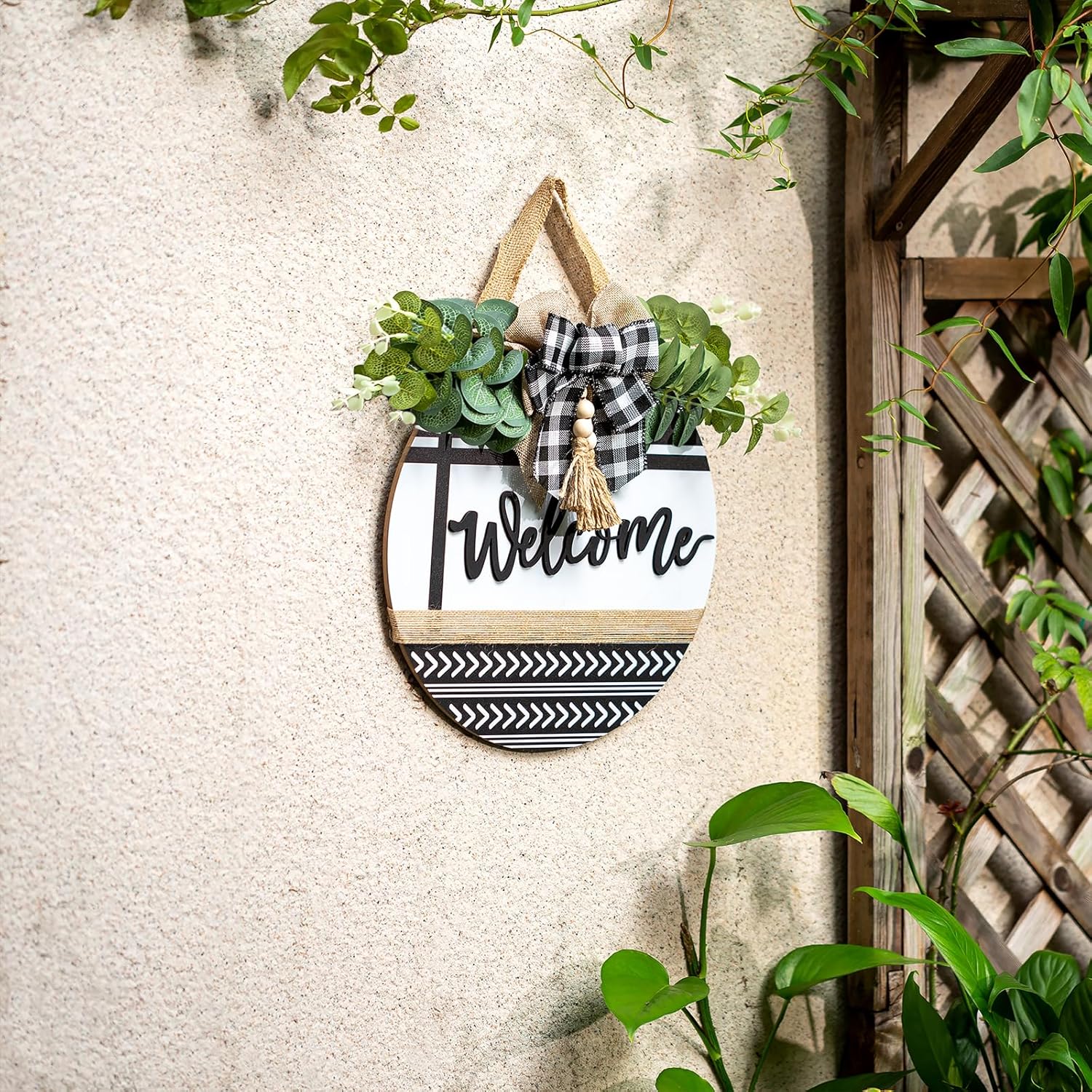 Welcome Sign for Front Door Decor - Walasis 12inch Wooden Farmhouse Wreath with Bow Beads