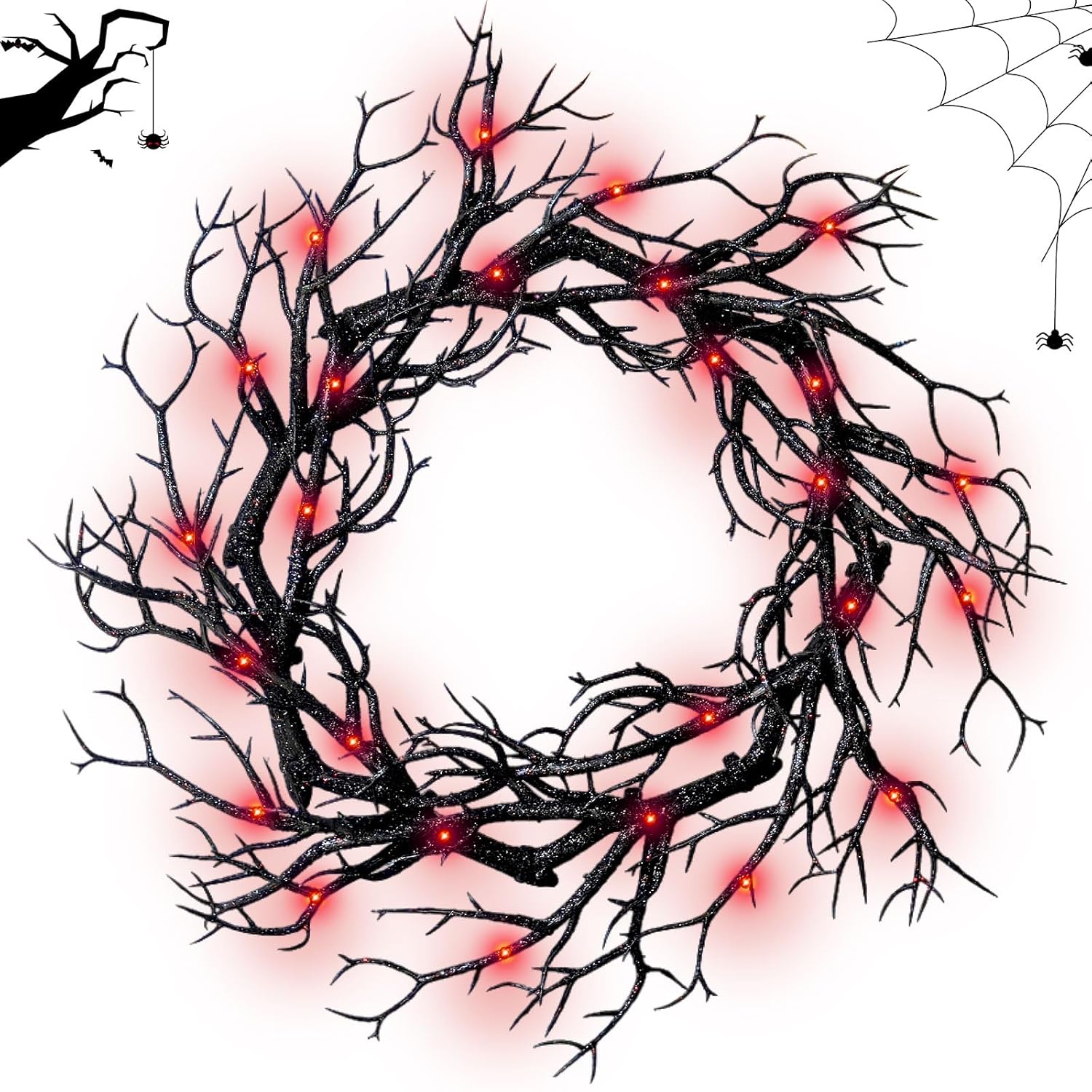 Halloween Black Branch Wreath with Light 165 Inch Artificial Hanging Decor