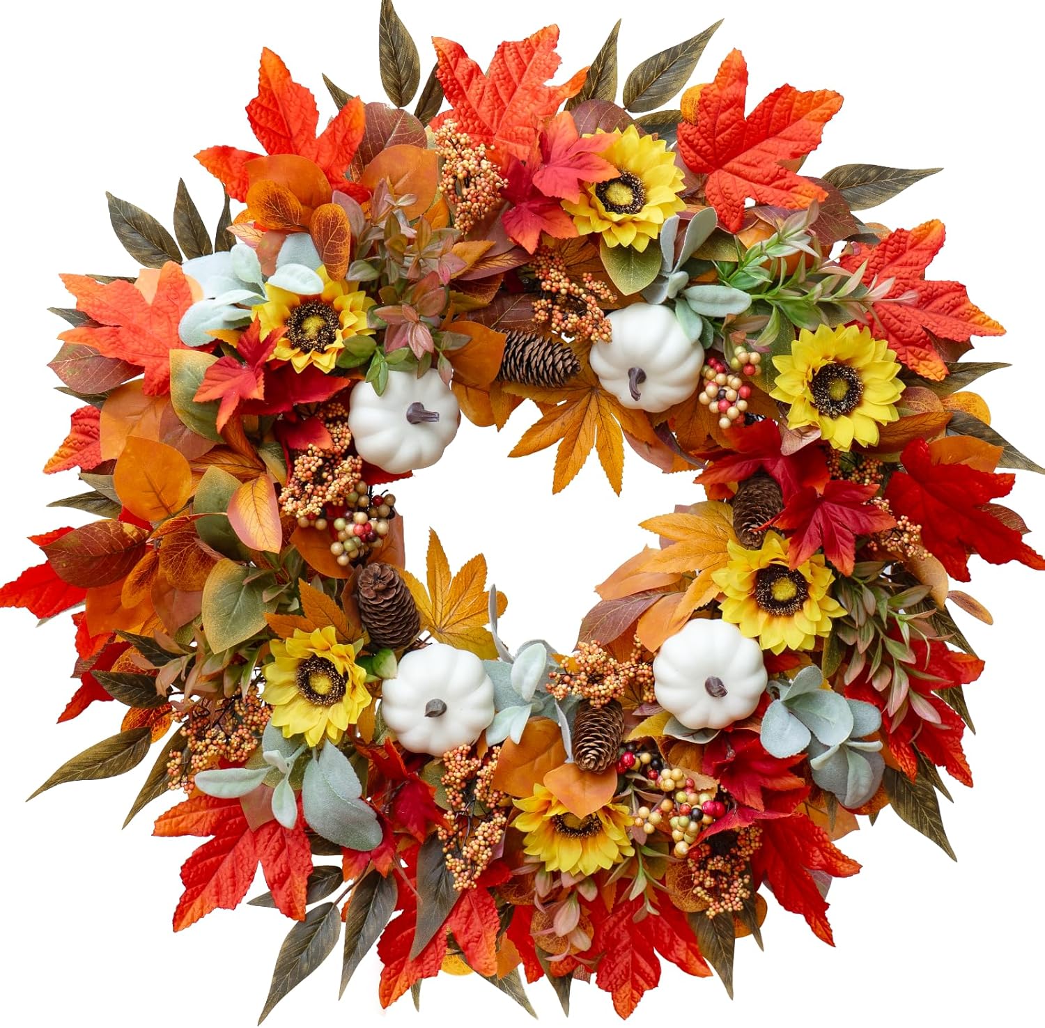 Fall Wreaths for Front Door 24 Inch Autumn Decor with Pumpkins Maple Leaves Wildflowers Berries