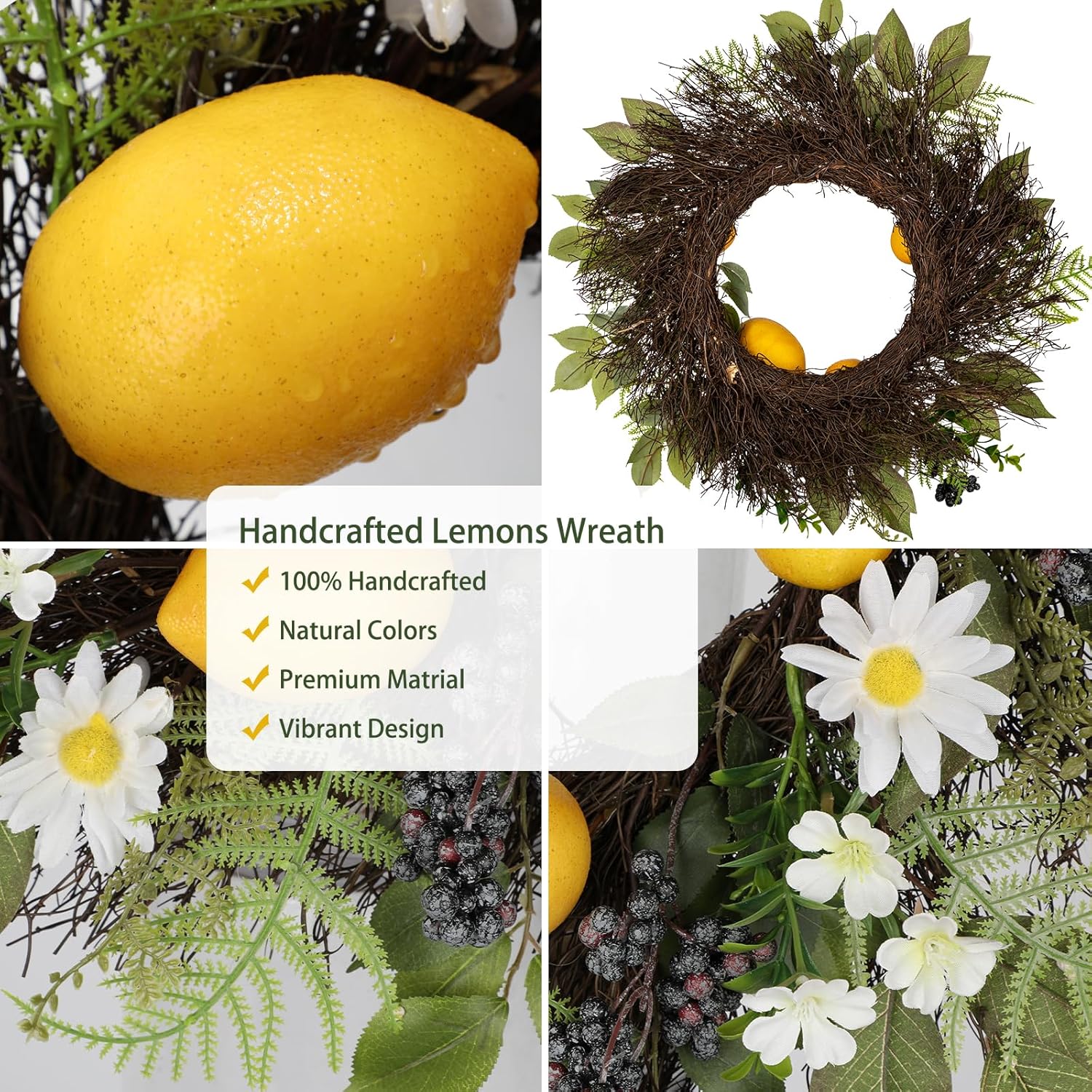 18 Inch Artificial Lemon Wreath for Front Door Summer Door Decor