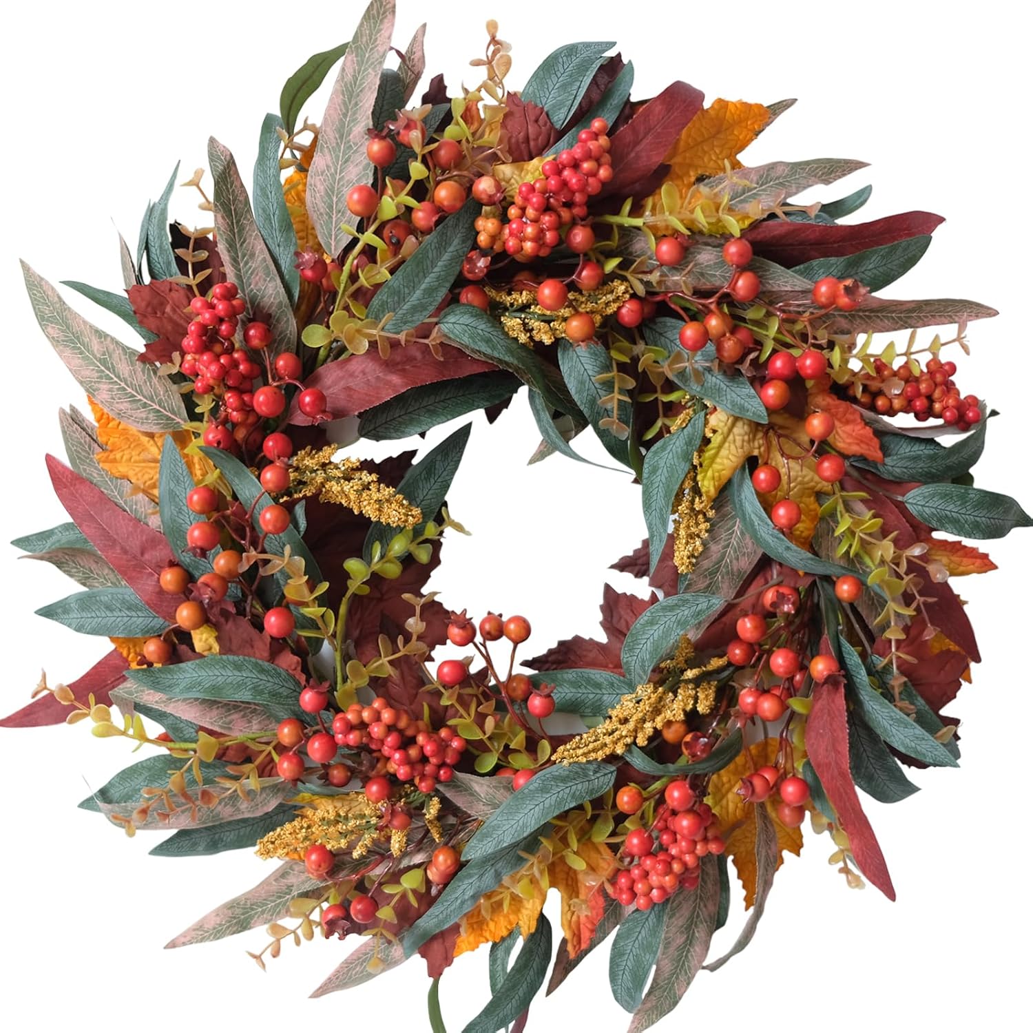 TEMPUS 22 Inch Fall Wreath Artificial Berry Willow Leaf Door Decoration