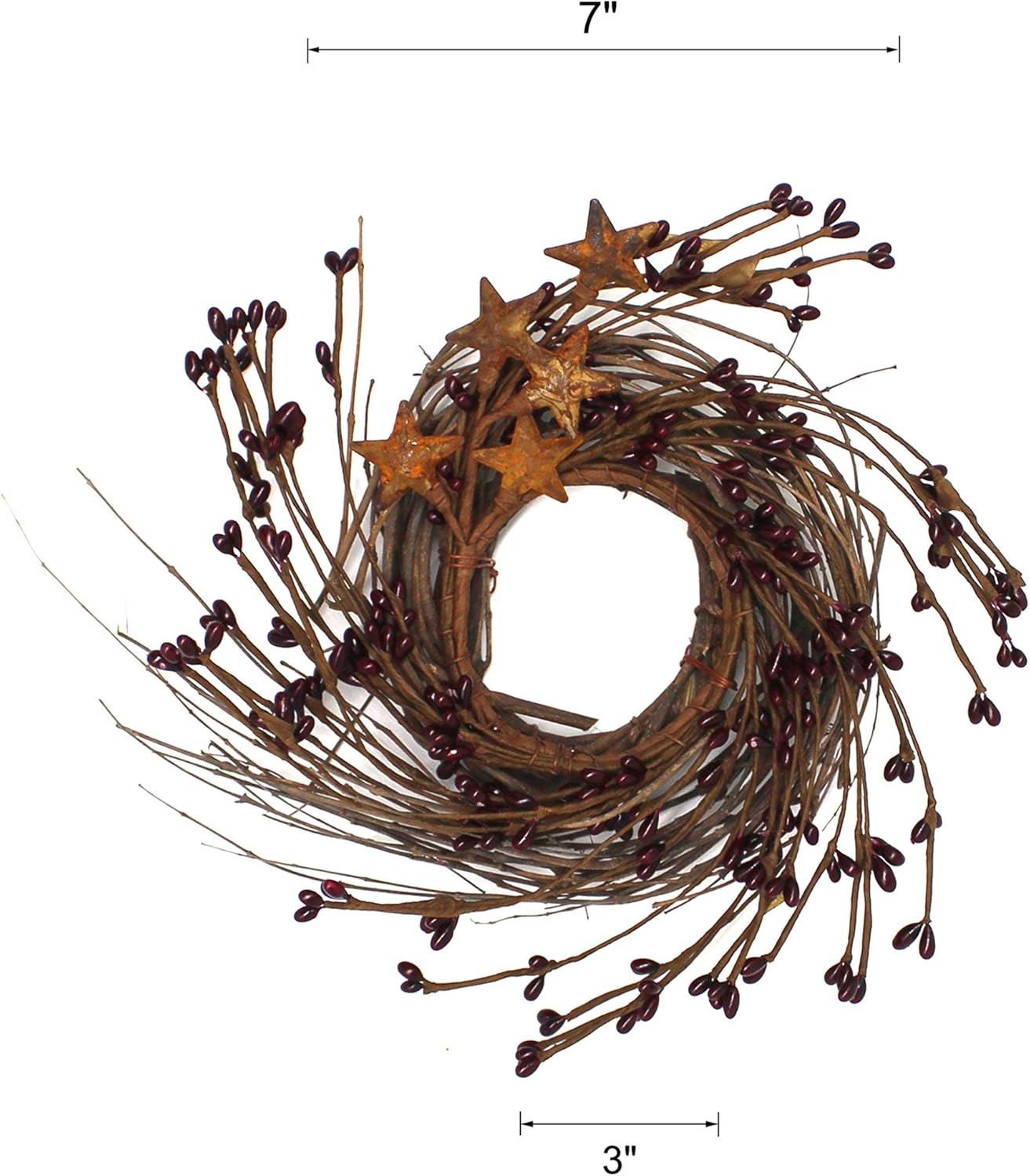 Rustic Wreath with Barn Stars and Berries 7-Inch Burgundy