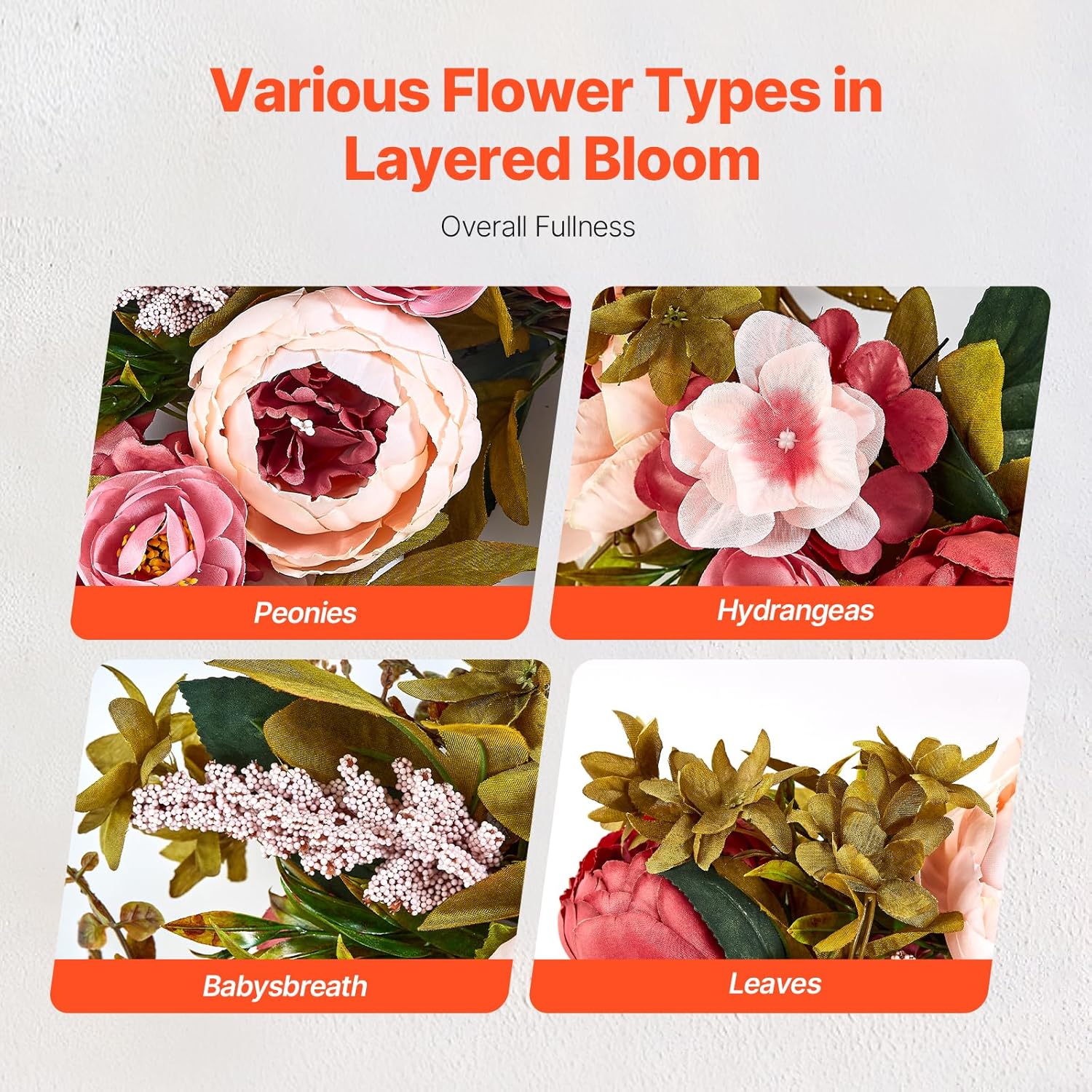 VEVOR 19 Inch Artificial Peony Wreath for Front Door