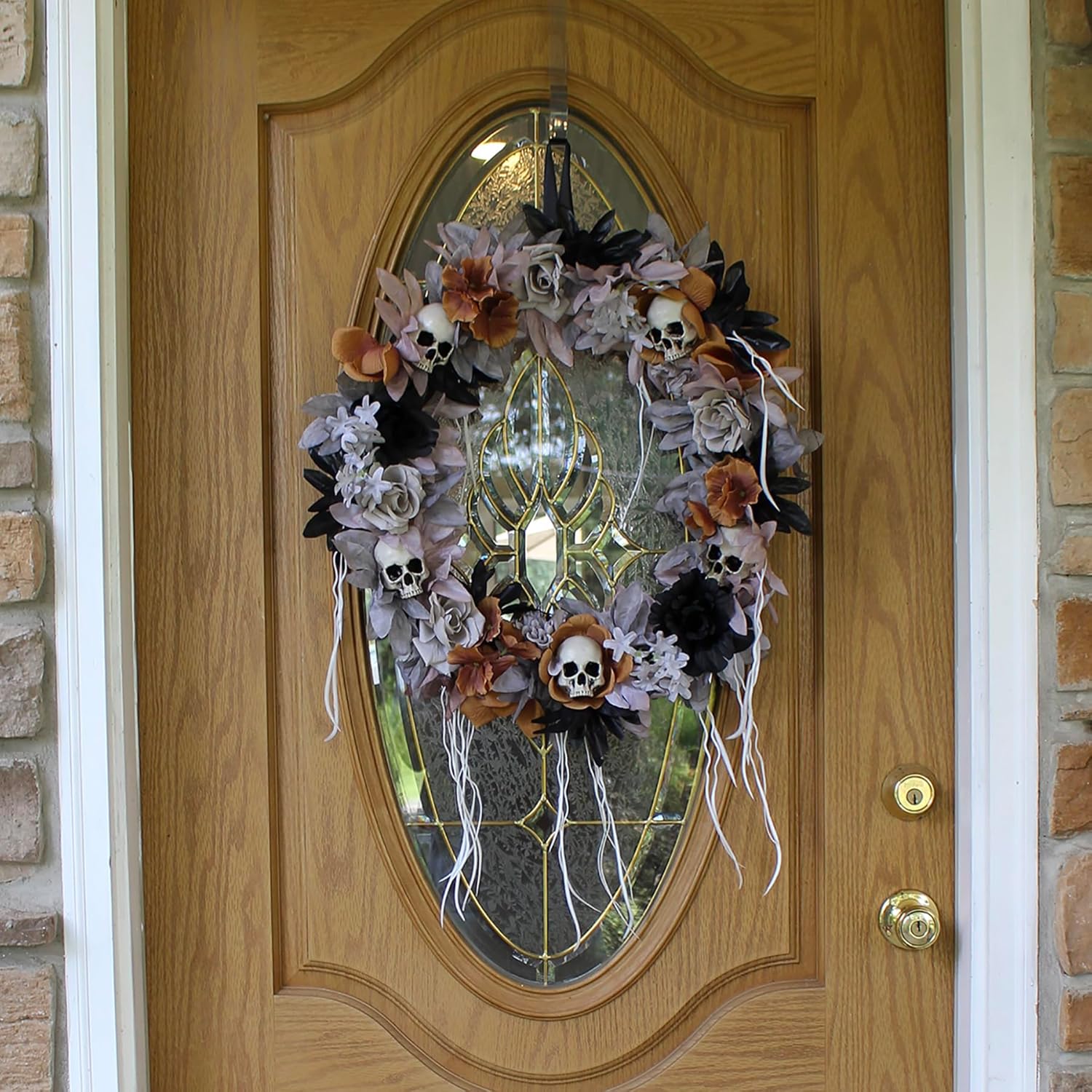Haunted Hill Farm Gothic Skull Wreath with Multicolor Flowers