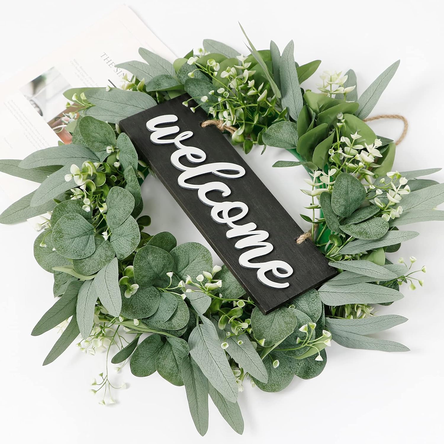 Dremisland 18 inch Green Eucalyptus Wreath - Farmhouse Welcome Sign