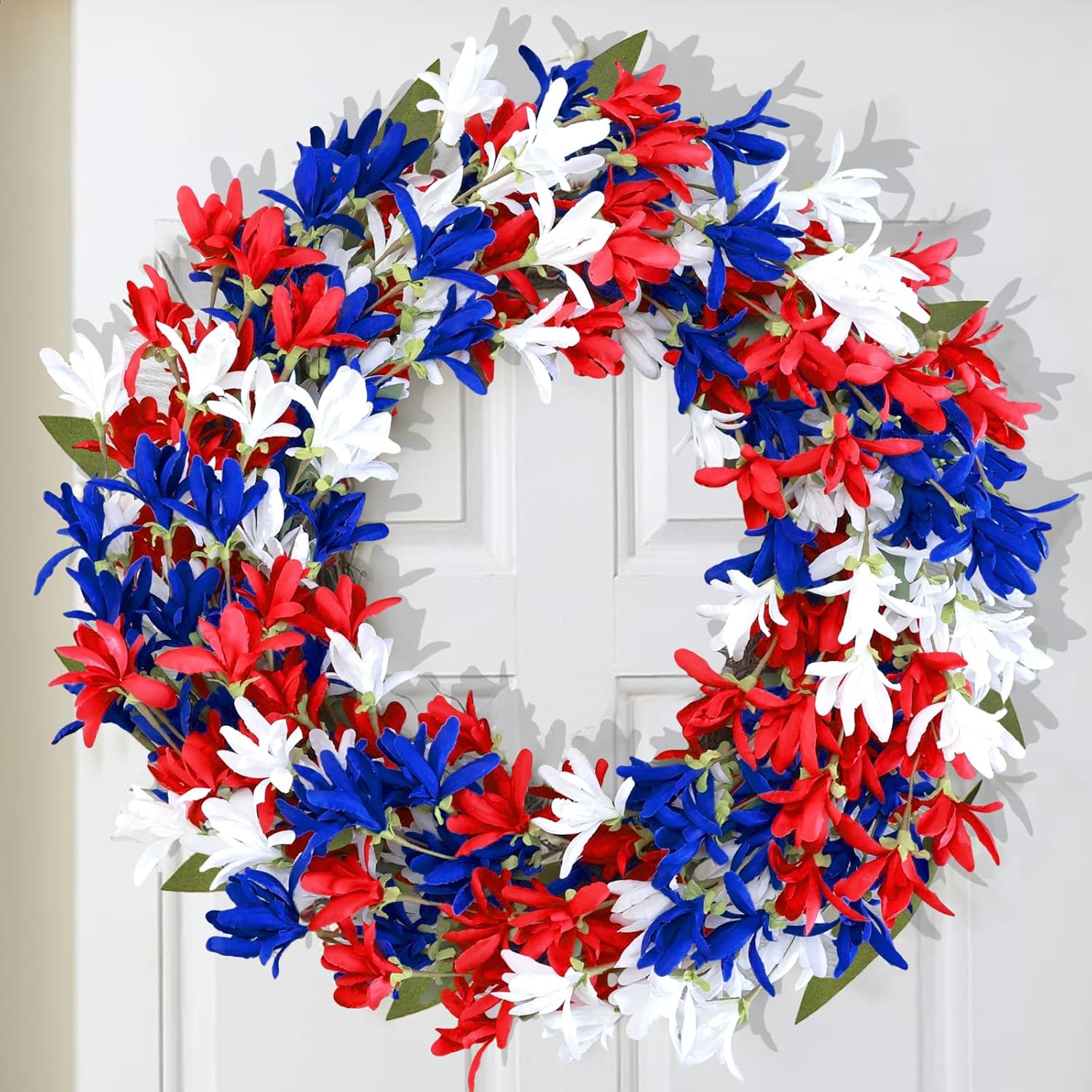 4th of July Wreath with Red White Blue Flowers for Front Door