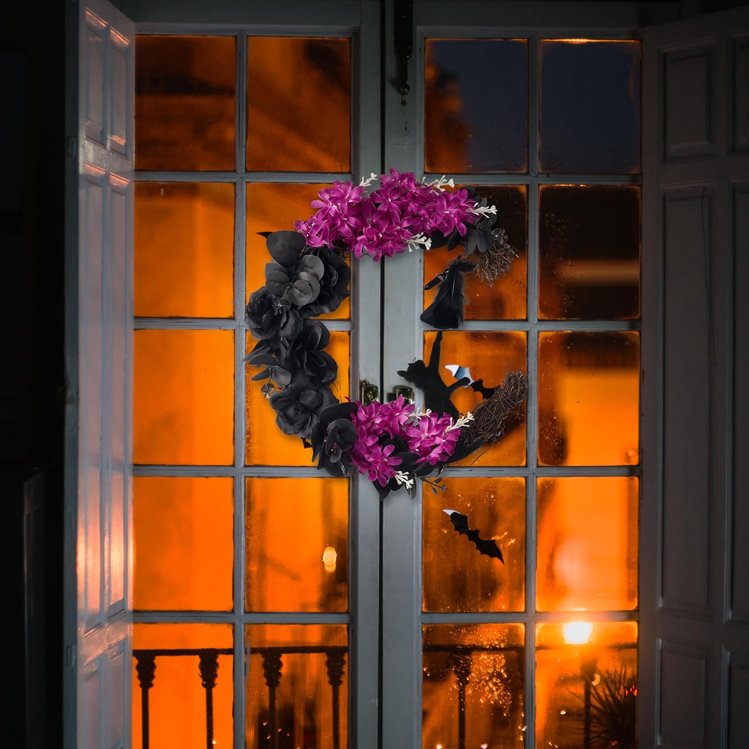 JOYIN Halloween Black Moon Wreath with Black Cat
