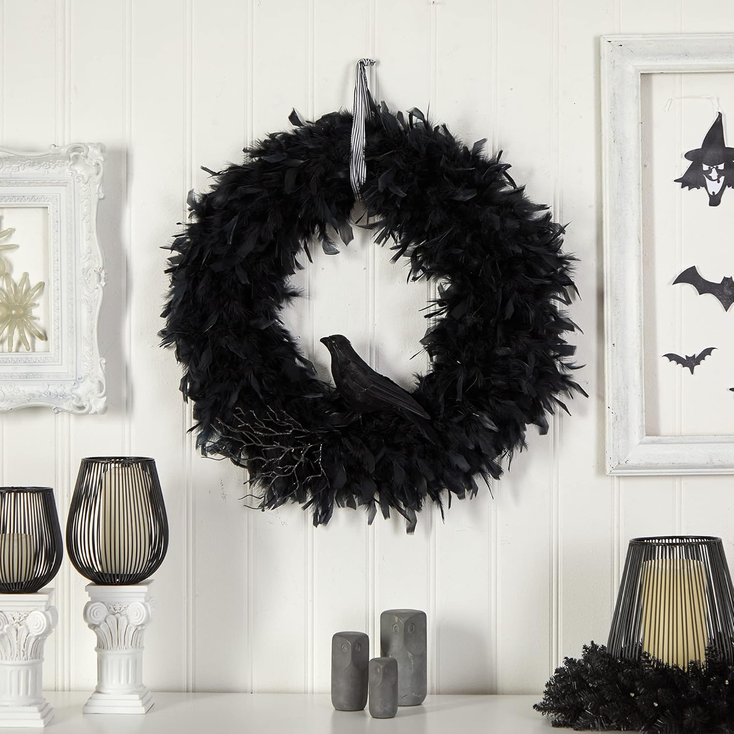 Nearly Natural 30in Halloween Raven Feather Wreath