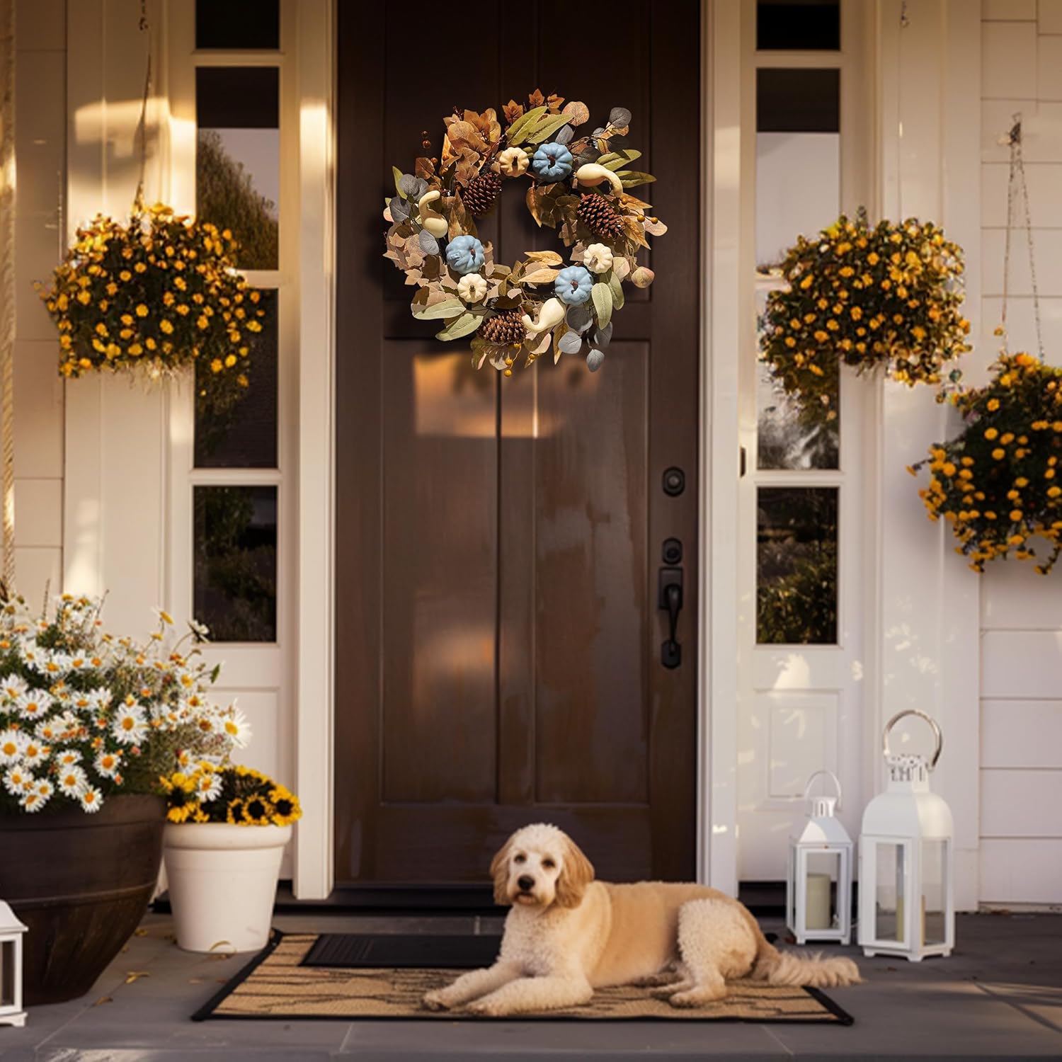 DECOR BY HANNAH 22 Inch Fall Wreath with Blue Pumpkin and Pinecone