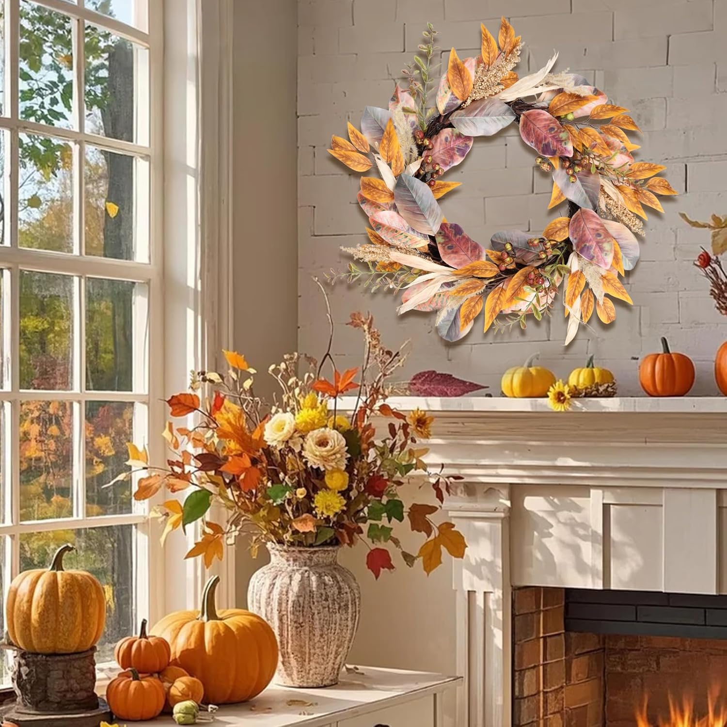 22 Inch Artificial Fall Wreath with Berries and Maple Leaves