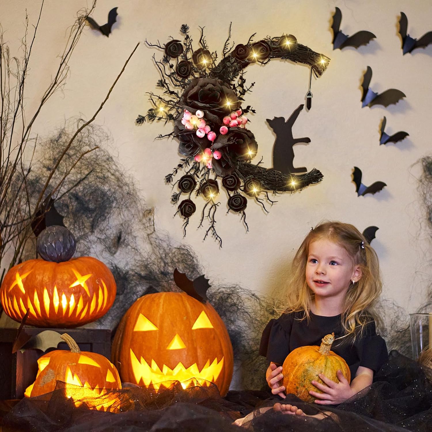 Spooky Halloween Wreath with Lights Black Cat Moon Door Decor