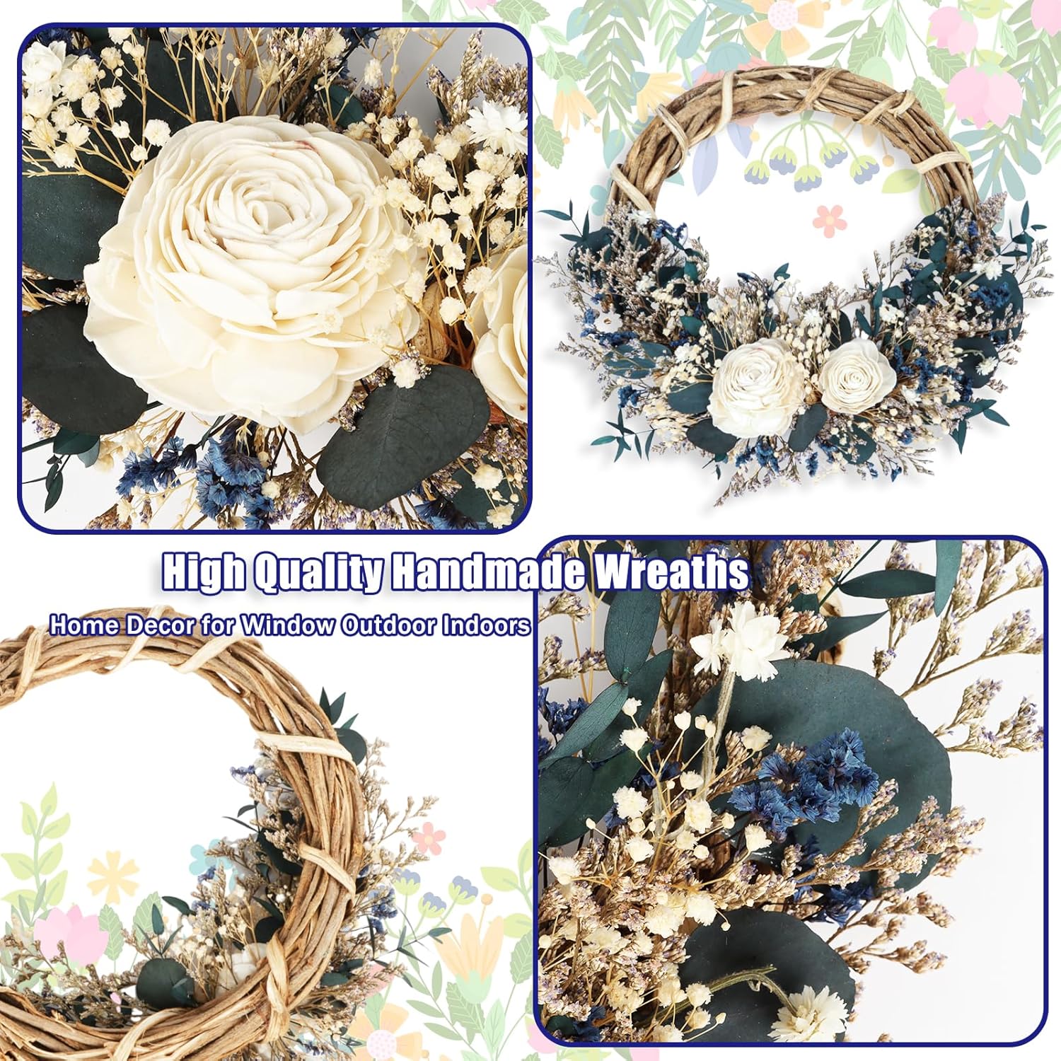 18 Preserved Flowers and Greenery Wreath Natural Dried Farmhouse Decor