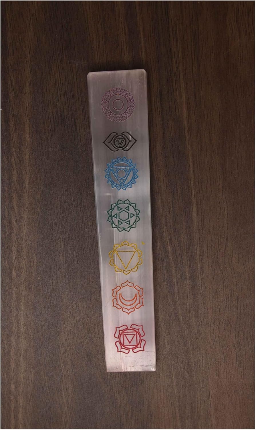 7 Chakra Symbols Engraved Selenite Crystal Stick Plate
