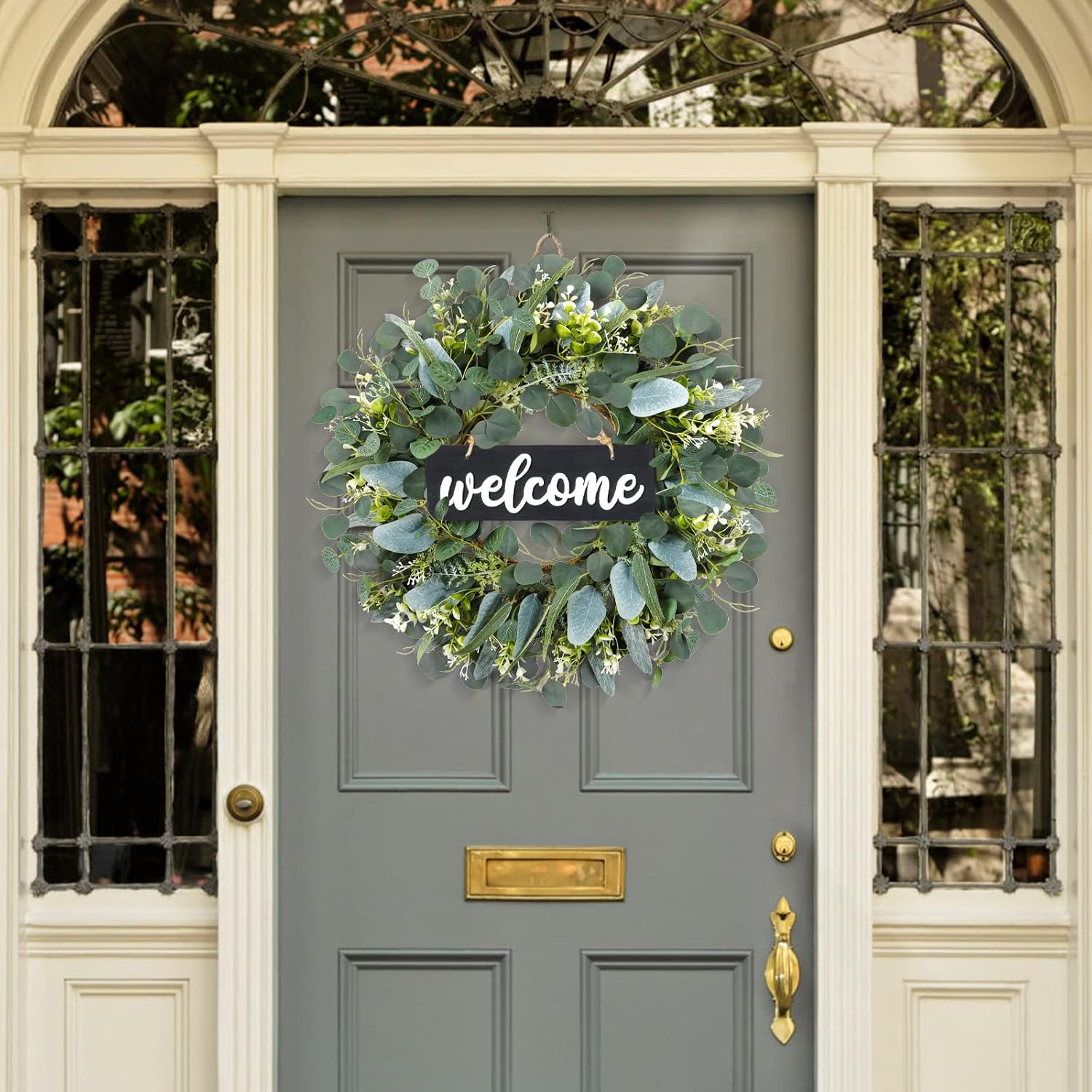 Dremisland Green Eucalyptus Wreath with Welcome Sign 22in Decor