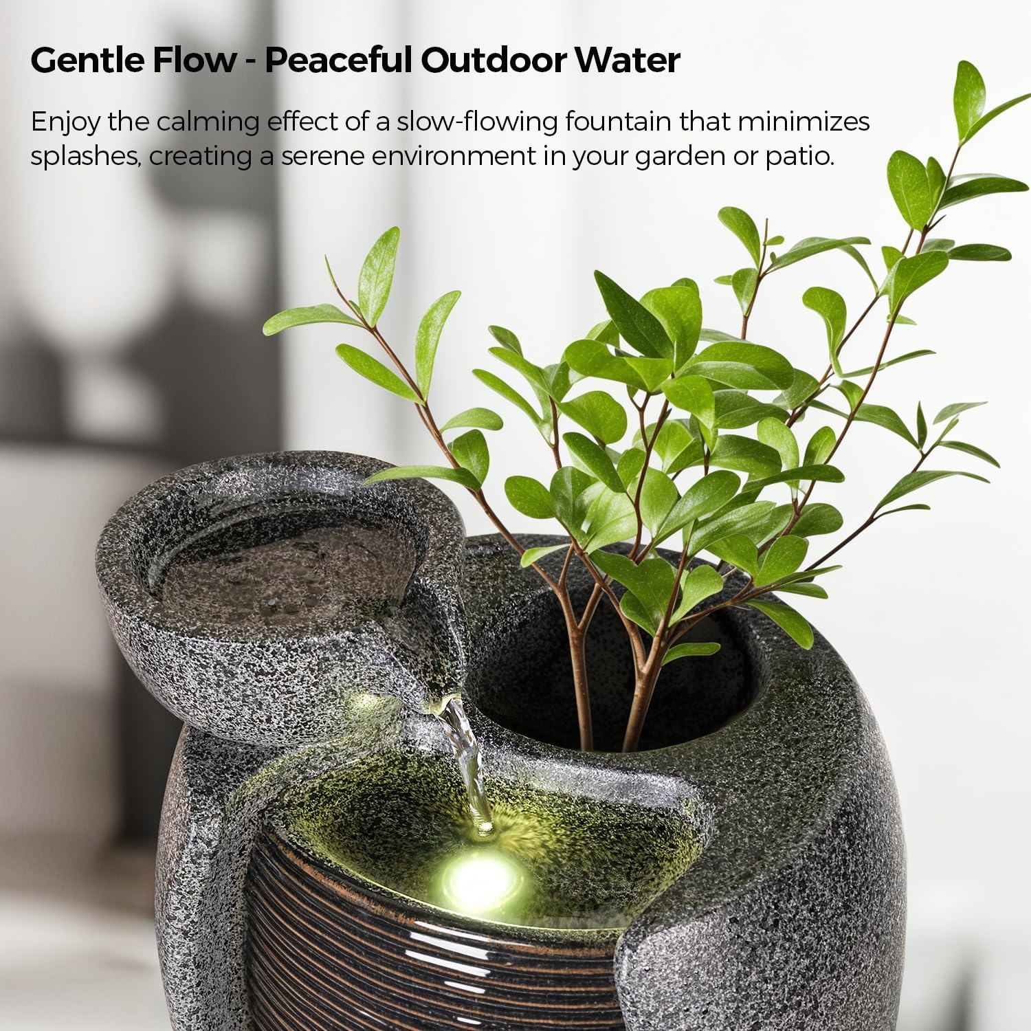 10 Inch Ceramic LED Tabletop Water Fountain with Plant Holder